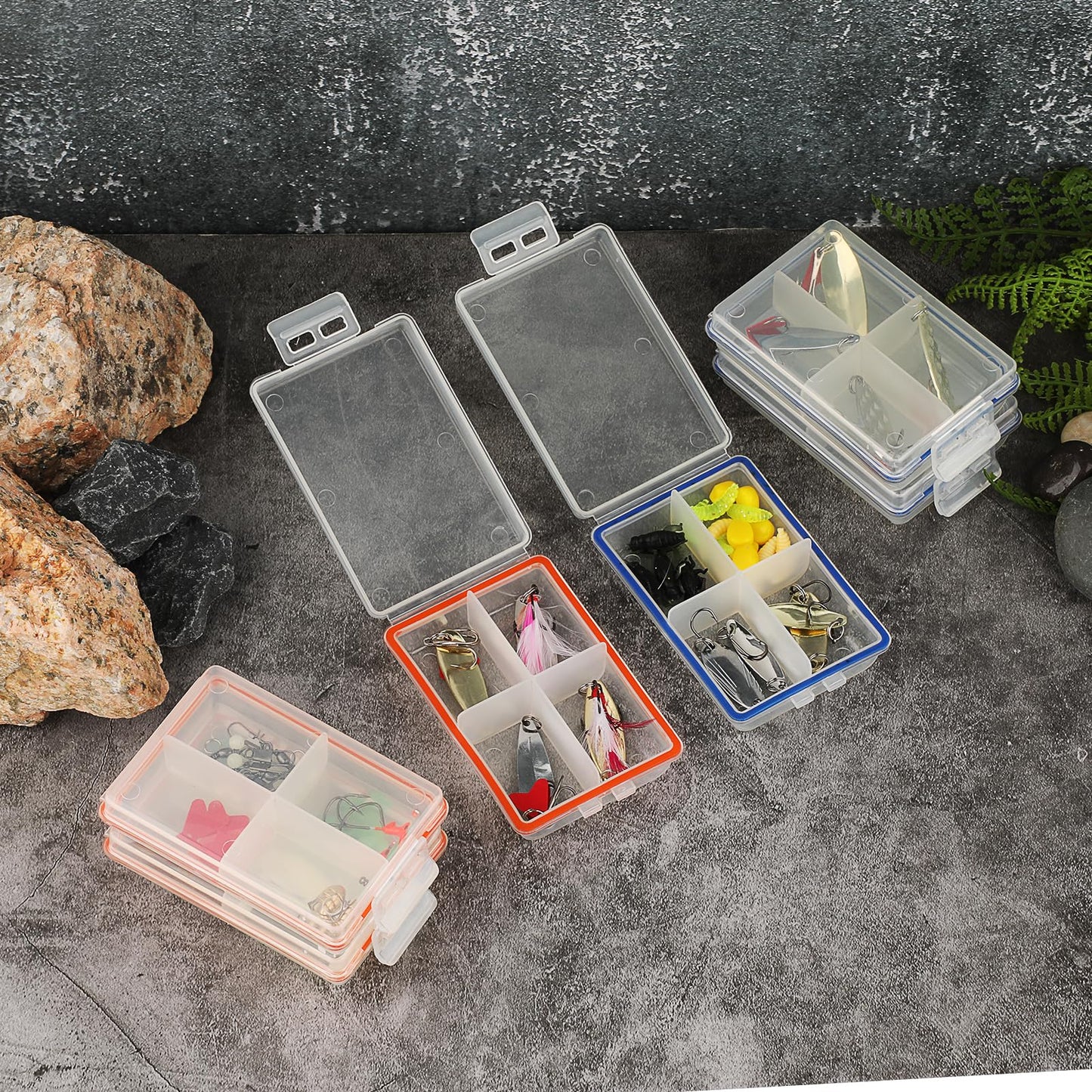 JUXYES Pack of 6 Plastic Small Fishing Tackle Box Organizer with 4 Compartments, Clear Mini Fishing Tackle Storage Boxes with Dividers, Transparent Fish Pocket Tackle Storage Box Lure Box