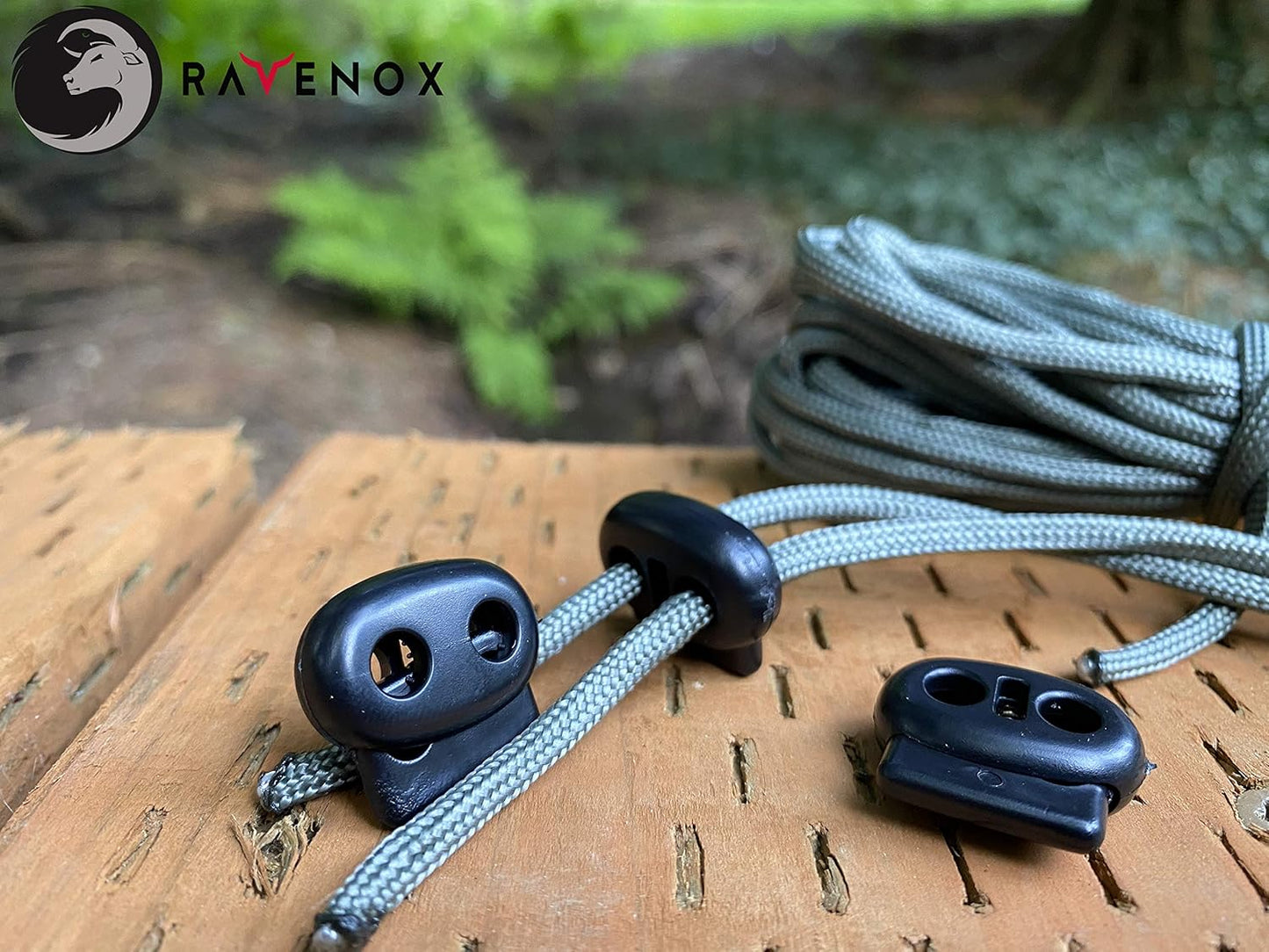 Fms Ravenox Double Hole Pumpkin Cord Lock | Paracord Lock for Rope, String, Twine, Bags, Luggage, Shoelaces, Apparel Use | Cord Lock Plastic Spring Stop Toggle Stoppers (50 Pack) (Black)