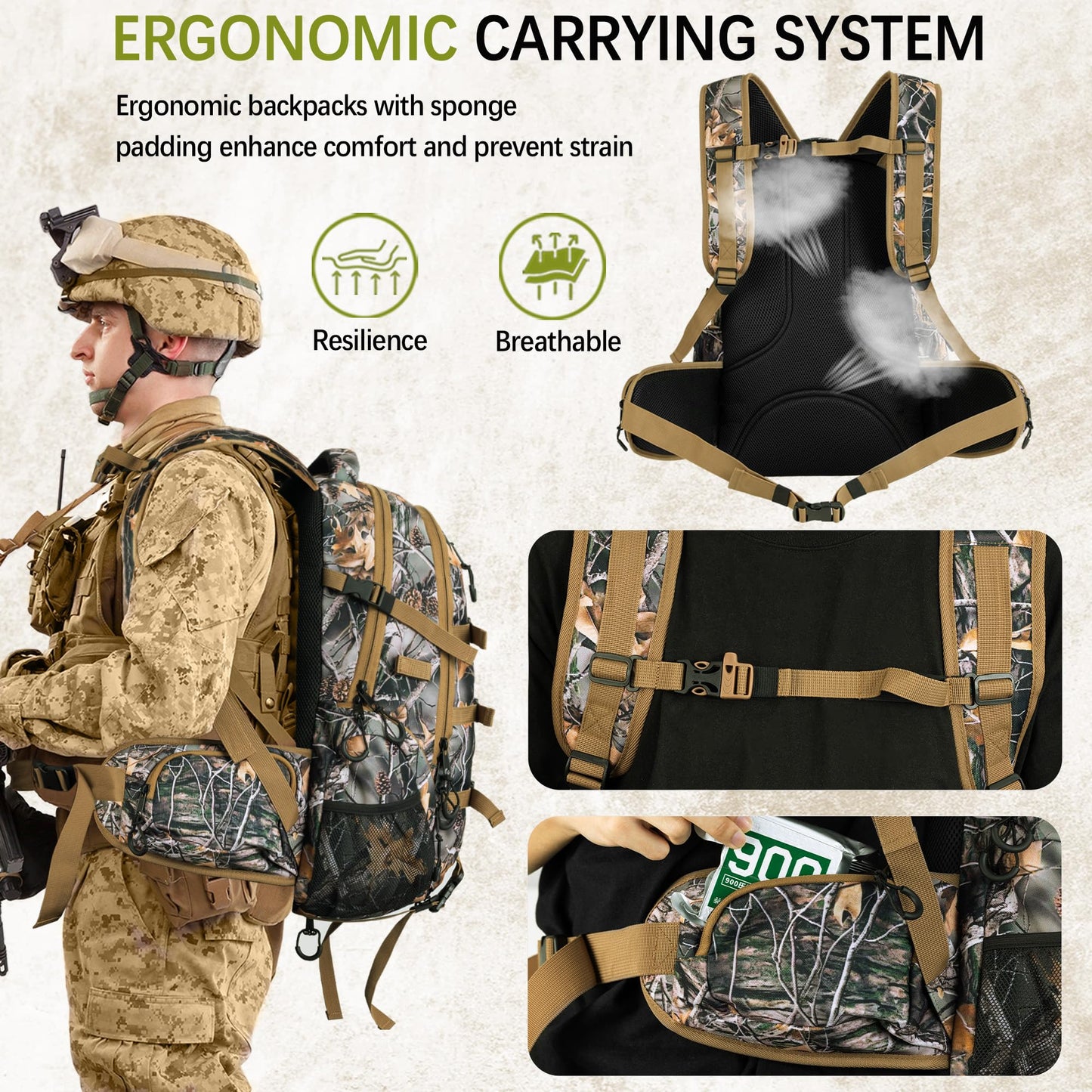 GoHimal 600D Waterproof Hunting Backpack for Men, 35L Camo Hunting Pack with Bow Holder
