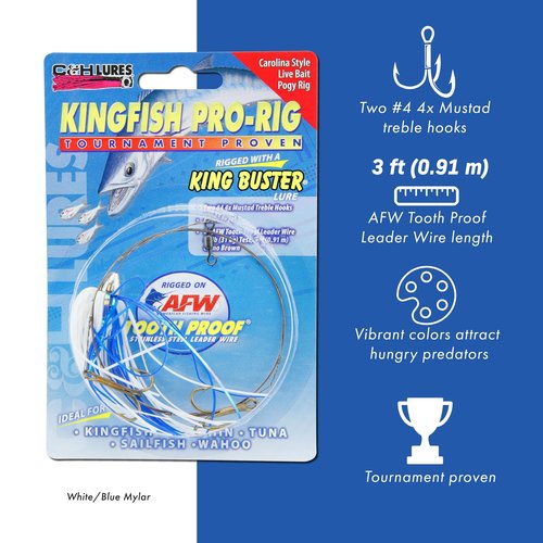 C&H Lures, King Buster Kingfish Pro-Rig, 1/8 oz Head, White/Blue Mylar Skirt, Two #4 4X Treble Hooks, Swivel, Stainless Steel Single Strand Leader Wire, 3 ft