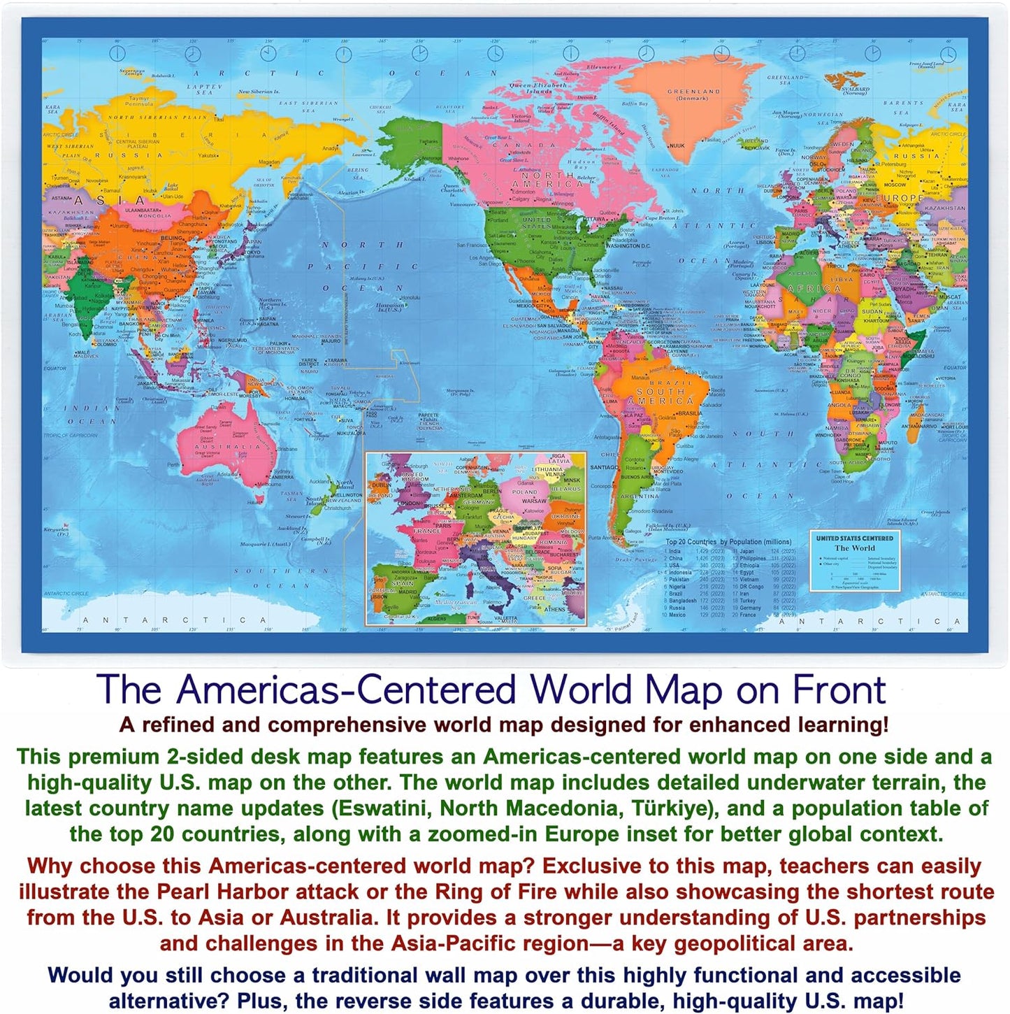 2-Sided Desk Map with Durable Lamination (1 Pack : US & US Centered World 17.5 x 11.5 inches)