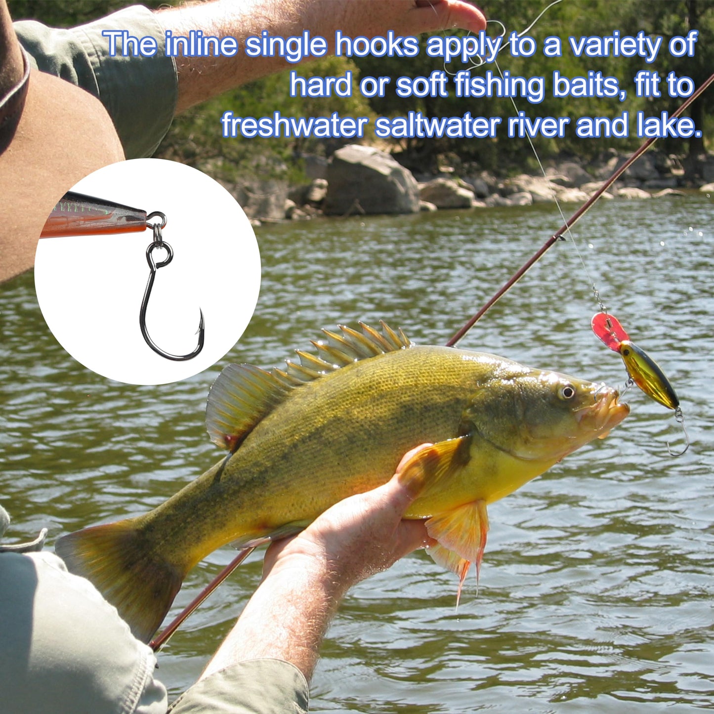 150pcs Inline Single Hooks Kit Fishing Replacement Hooks for Lure Plugs Baits Large Eye Inline Circle Hook with Split Rings Freshwater Saltwater Fishing Tackle