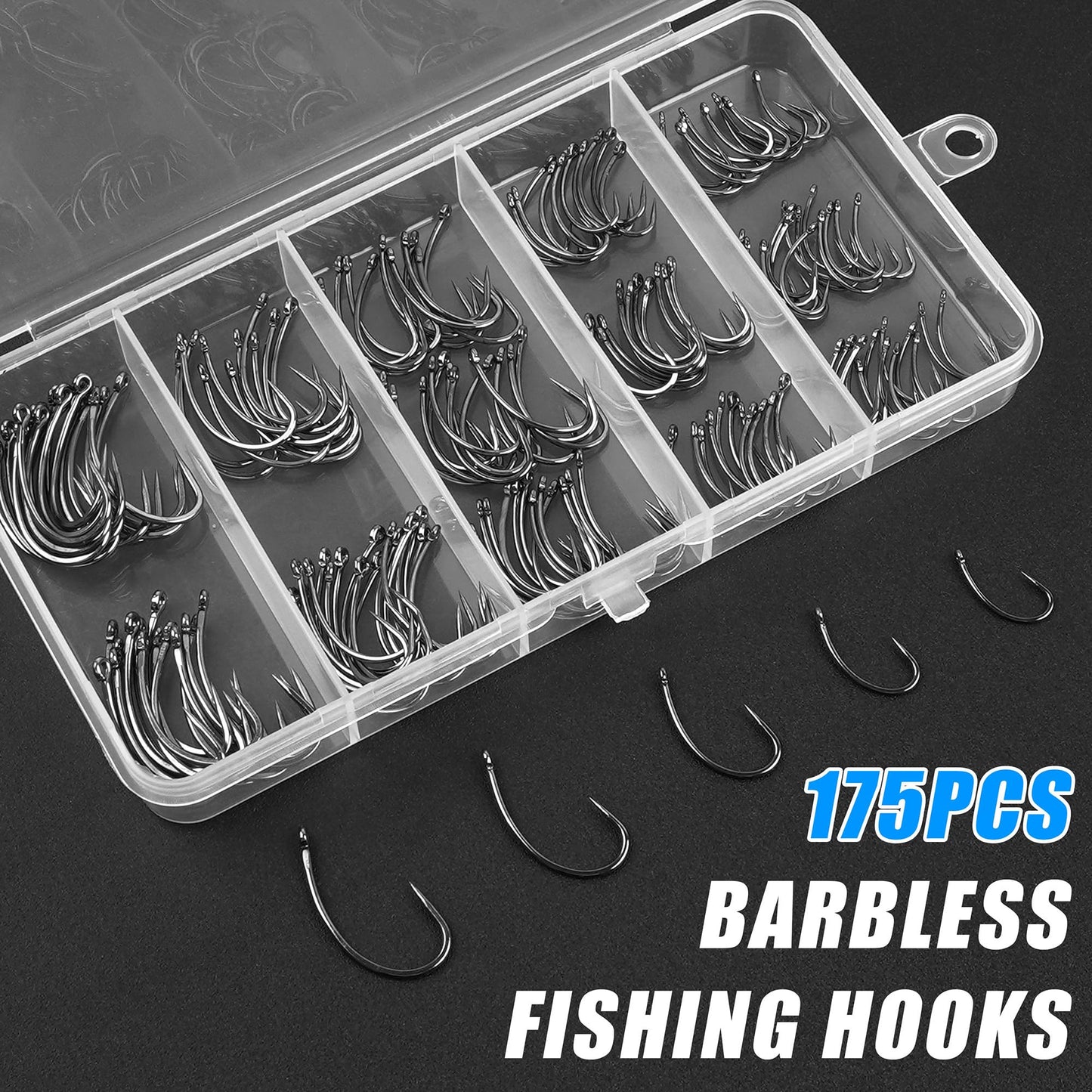 175pcs Barbless Fishing Hook Kits,Small Size Carp Fishing Hooks Curve Shank Crank and Wide Gape Fly Tying Hooks Circle Hook with Tackle Box Size 2#,4#,6#,8#,10#
