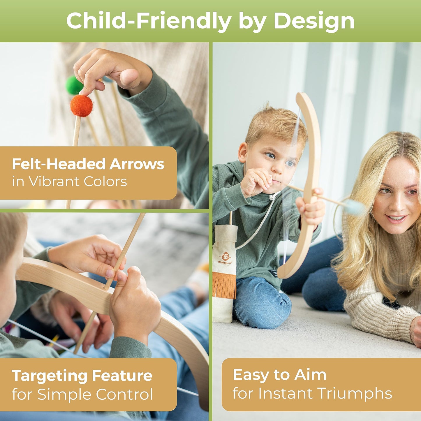 BOWRILLA® Kids Bow and Arrow Set | Wooden Archery Toy for Boys & Girls Aged 3-7, Bow and Arrow for Kids | Includes 5 Arrows, 4 Targets, Cotton Quiver | Indoor & Outdoor Play