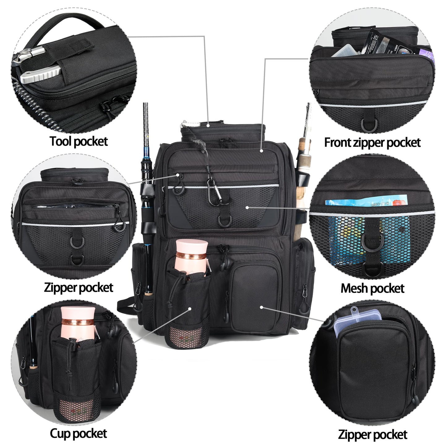 LEOMOO Fishing Tackle Backpack With Rod Holders, 40L Large Backpack for Fishing, Camping, Hiking