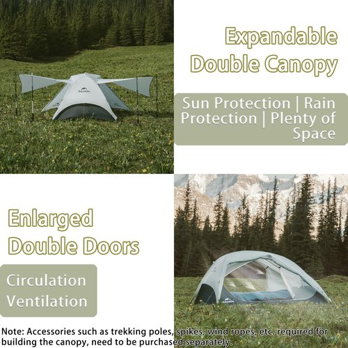 Naturehike Free Standing 2 Person Backpacking Tent with The Double Canopy Ultralight Nylon Double Layer Waterproof Camping for Camping, Festivals, Backyard, Sleepovers (Gray)