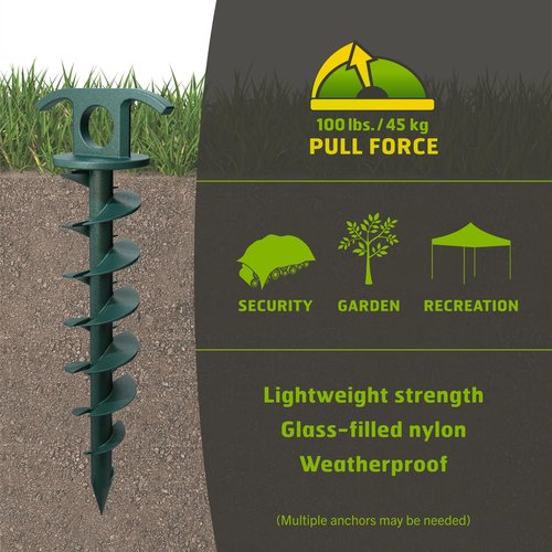 (2-Pack) Vortex 10" Ground Anchors, Screw-in Anchor for Yard, Tents, Tarps, 100 lb Pull Force, Green ANCPS10-HSG-L2