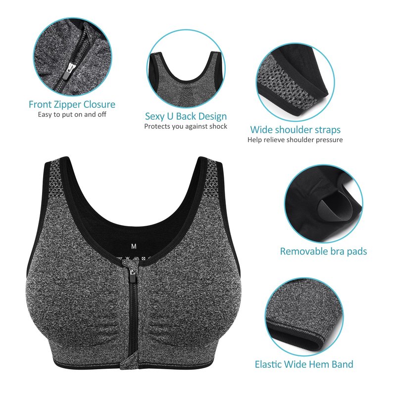 Women's Zip Front Sports Bras Wirefree Post Surgrey Bras Padded Zippered Bras Comfortable Post Shoulder Surgery Bras Zipper Closure Bras Recovery Bra for Breast Surgery Yoga Compression Active Bras