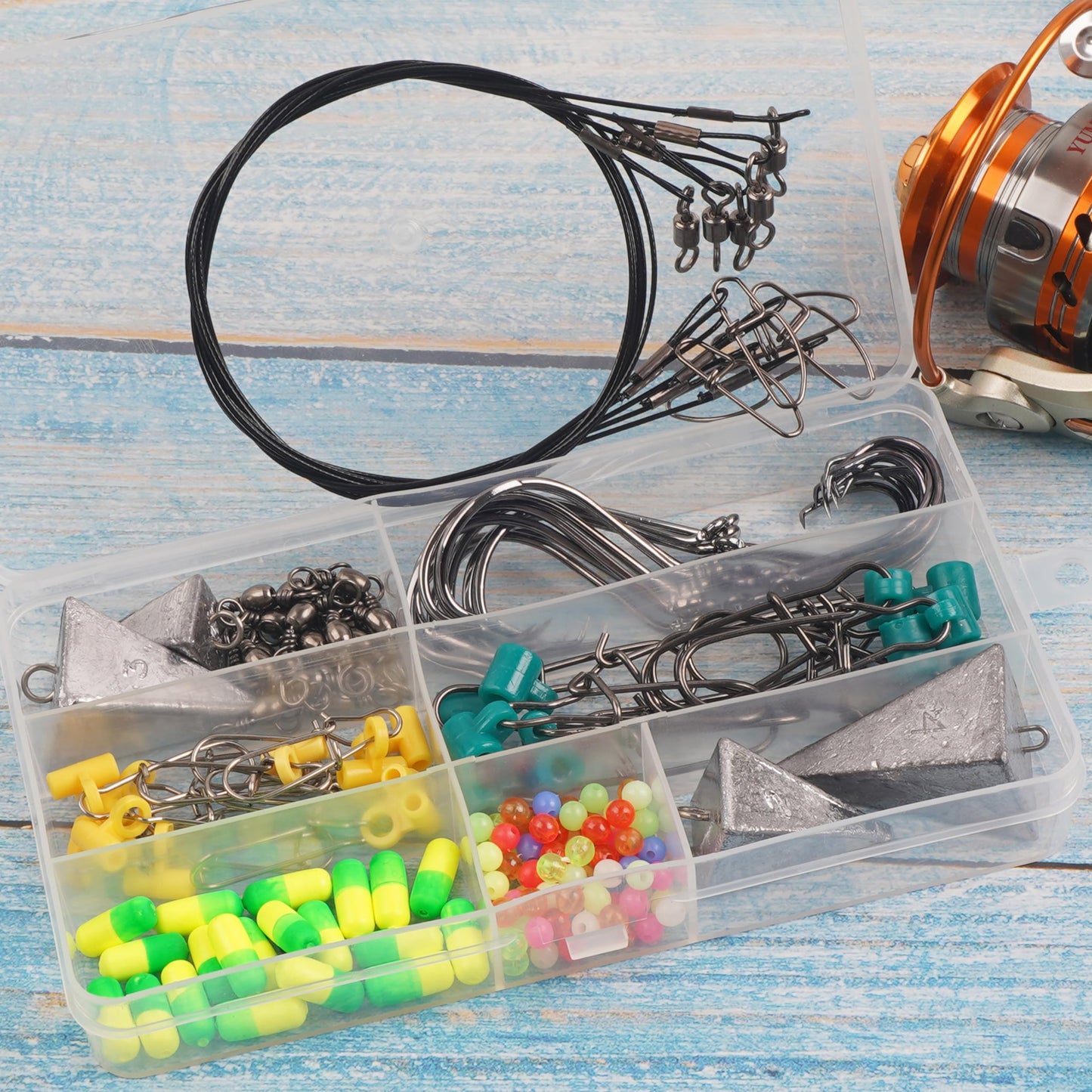 129pcs Surf Fishing Tackle Kit Fish Finder Rig Surf Fishing Rigs Include Pyramid Sinker Weights Sinker Slider Wire Leaders Hooks Swivels Beads Foam Floats Saltwater Fishing Accessories