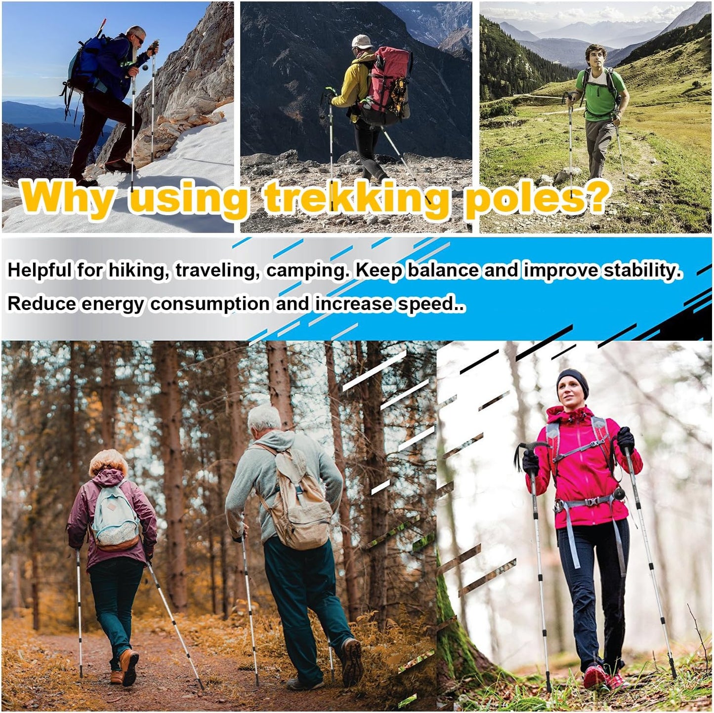 Aluminum Alloy Quick Lock Trekking Pole Anti-Shock Walking Stick Adjustable Cane Crutch for Mountains Trekking Hiking,Ultralight Collapsible with Cork Grips Tungsten Tips