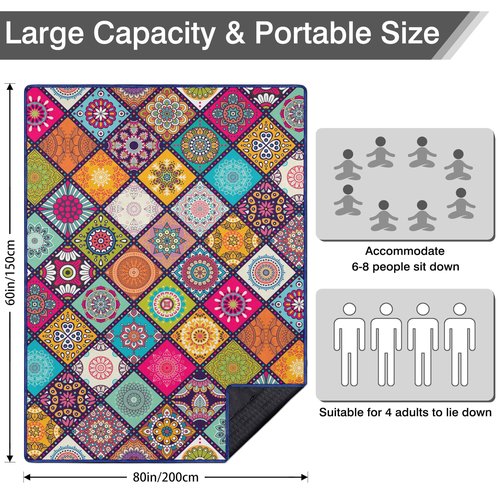 Fefede Waterproof Picnic Blankets Foldable & Portable 60''x80'' Boho Picnic Mat for Outdoors, Large Washable Picnic Blanket for Travel Camping Beach, Park Grass Picnic Blanket Accessories for Adults