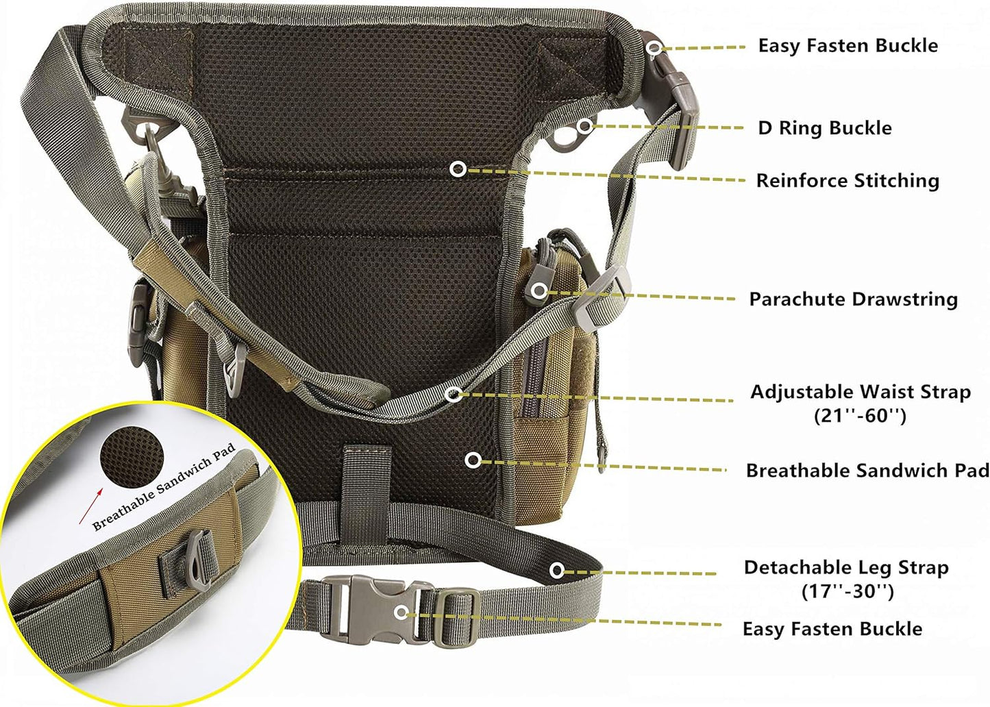 Jueachy Drop Leg Bag for Men Tactical Metal Detecting Thigh Pack with Water Bottle Pouch