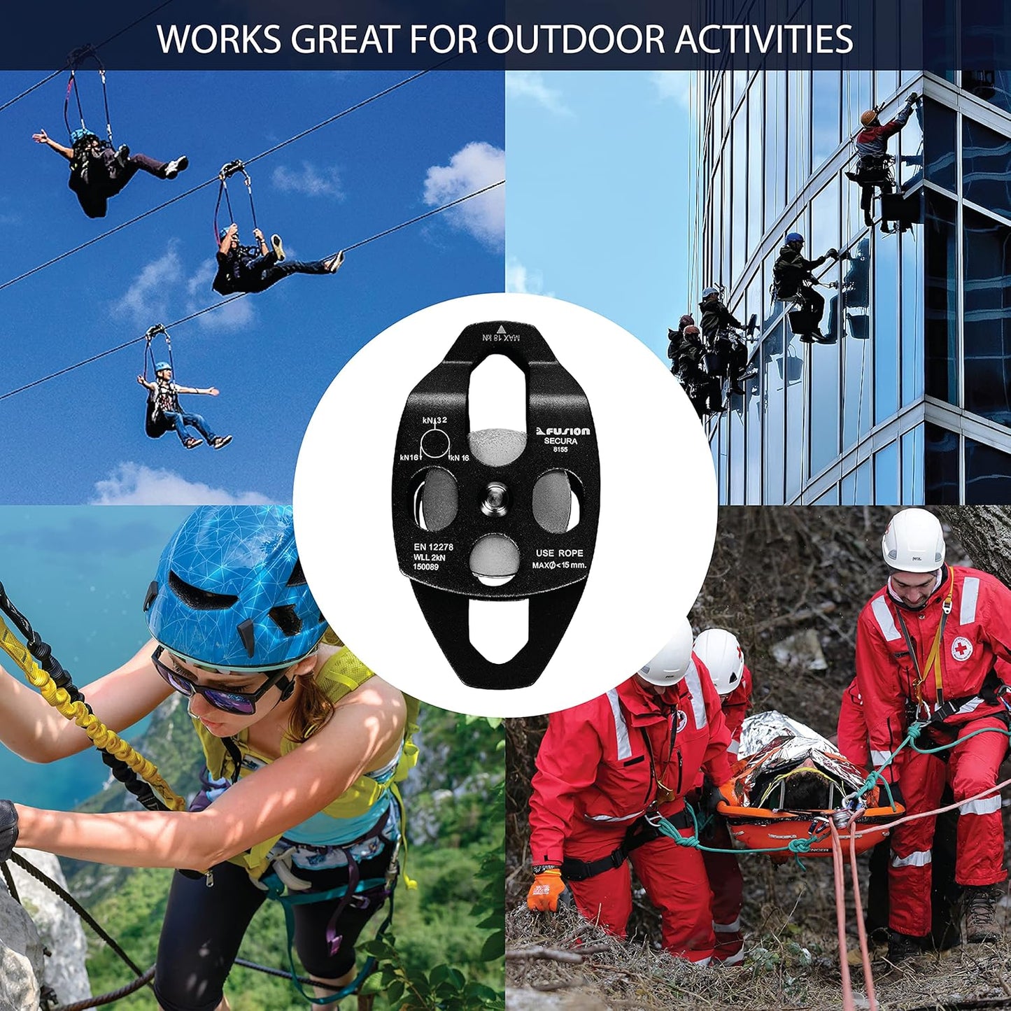 Fusion Climb Lightweight and Durable Aero Space Aluminum Alloy Double Pulley Swing Plate 32kN for Progress Capture System Rigging Hauling Rescue Arborist Tree Climbing