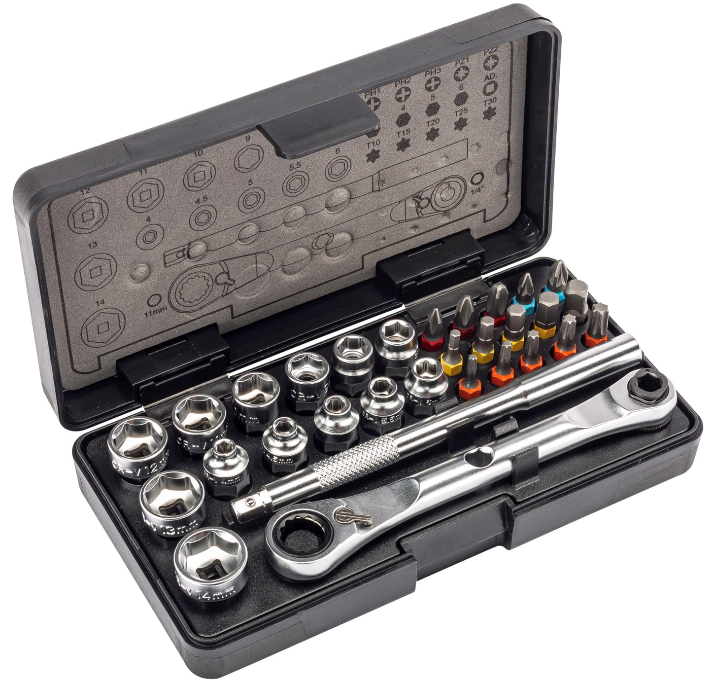 Kilimanjaro 30-Piece Bicycle Double Ratchet Wrench and Socket Set – Super Short Bike Tool Kit with Ratchet Wrench, Hex, Torx & Bits for Tight Spaces – Compact & Portable Maintenance Kit – 910547ECE