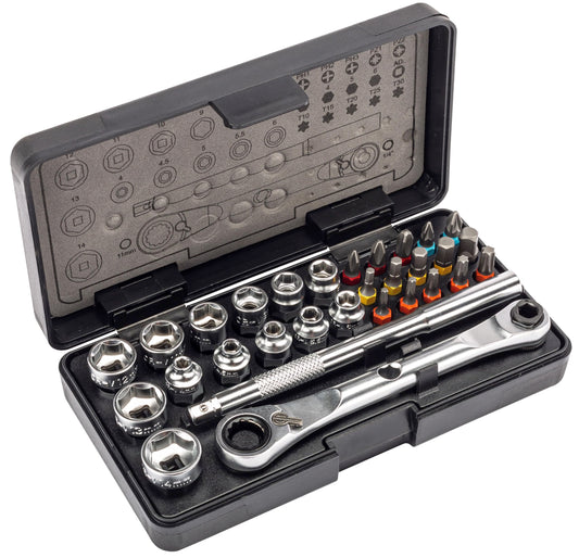 Kilimanjaro 30-Piece Bicycle Double Ratchet Wrench and Socket Set – Super Short Bike Tool Kit with Ratchet Wrench, Hex, Torx & Bits for Tight Spaces – Compact & Portable Maintenance Kit – 910547ECE