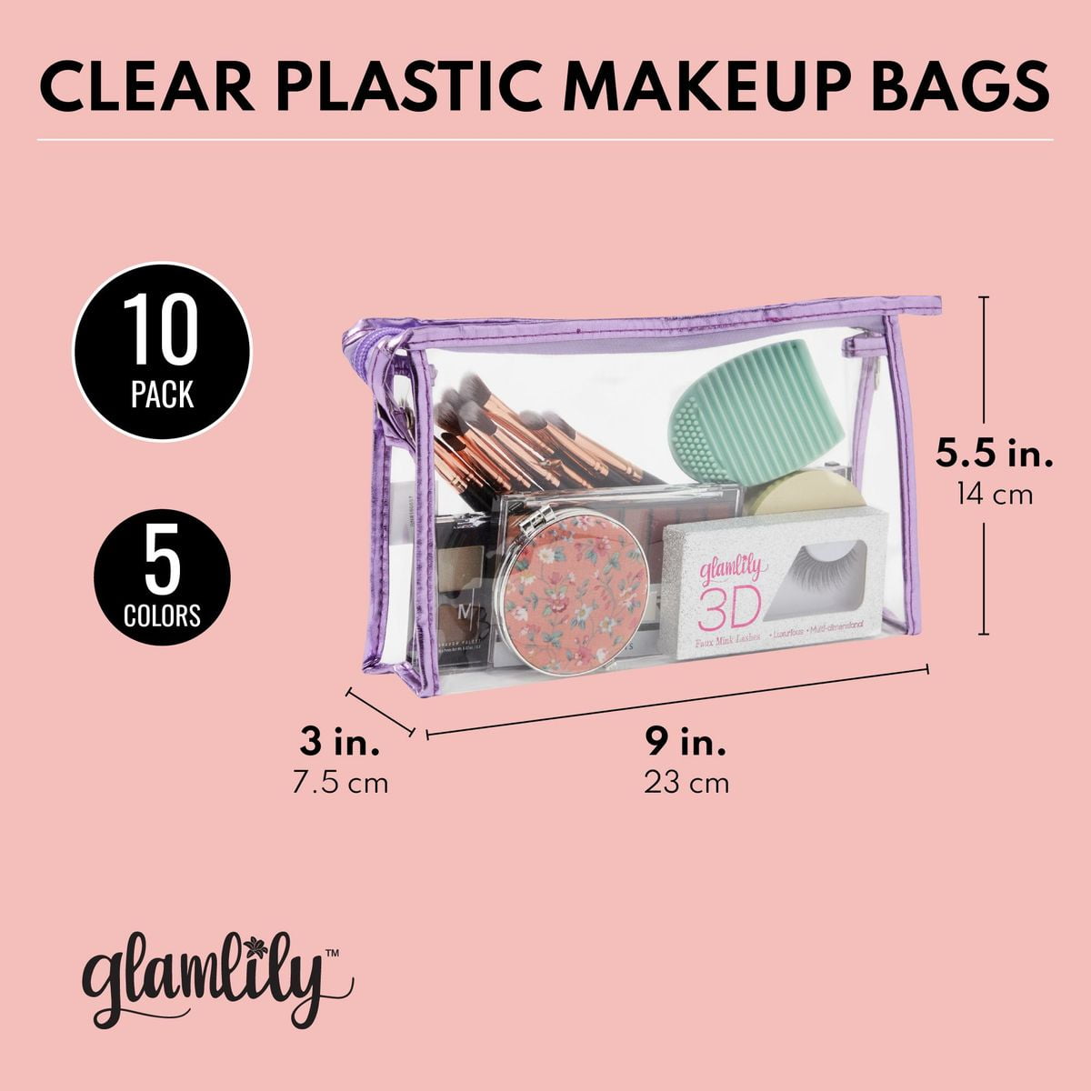 Clear Cosmetic Bags | 10-Pack Zippered Travel Toiletry Pouches | 5 Colors