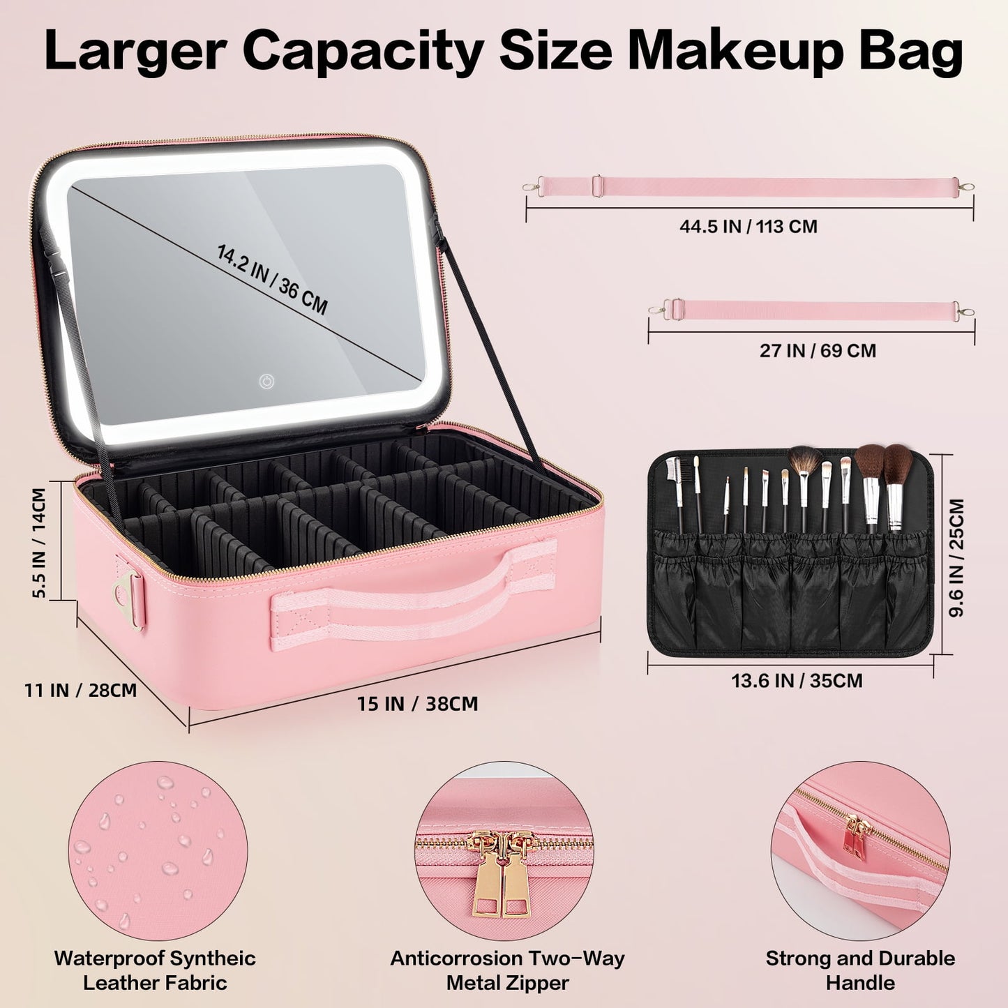 LED Makeup Bag with Mirror | 14.6" X 10.3" Travel Cosmetic Organizer – Adjustable Brightness