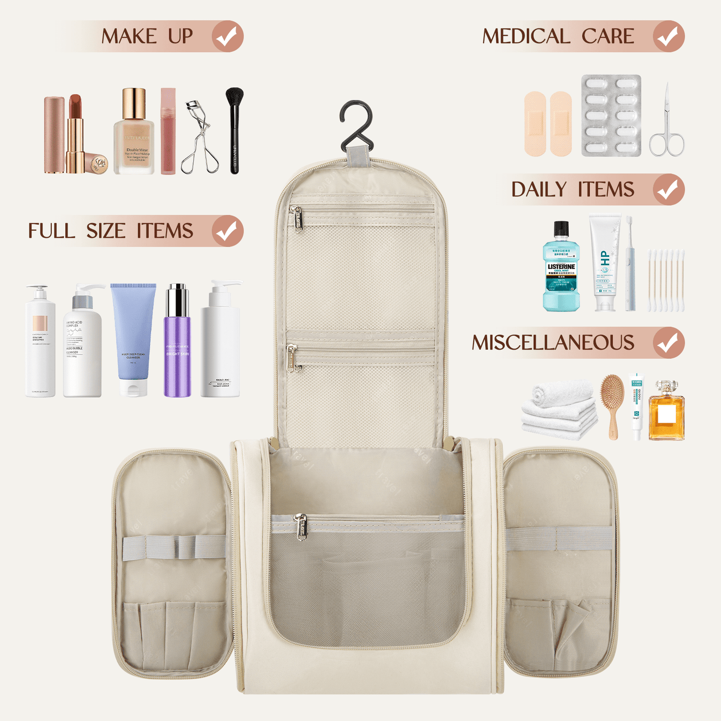 Portable Beige Travel Toiletry Bag | Large Capacity Makeup Case with Hook
