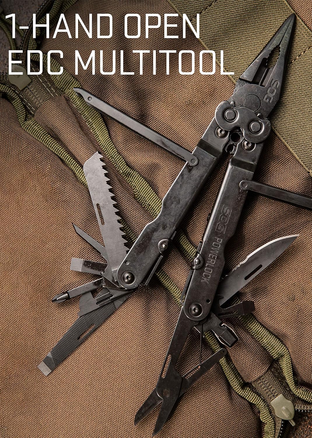 SOG PowerLock Multi-Tool- Compound Leverage Technology with EOD Crimper Device, 420 Stainless Steel Body, 18 Lightweight Specialty Tools (B61N-CP) , Black