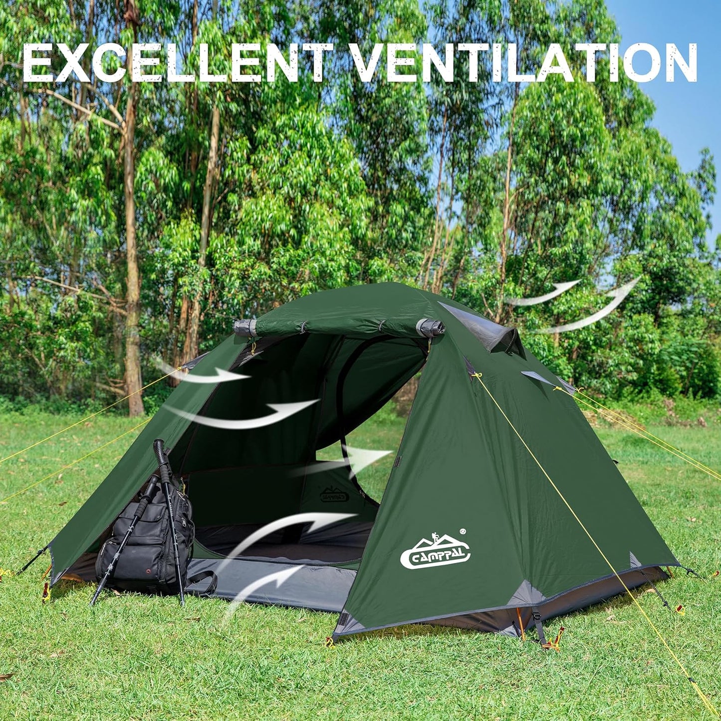 2-3 Person Backpacking Tent with Double Door 2 Vestibule, Waterproof Windproof Lightweight Easy Set Up 3 Season 2 Man Two Person Tent for Camping, Hiking, Motorcycle, Mountaineering with UPF 50+