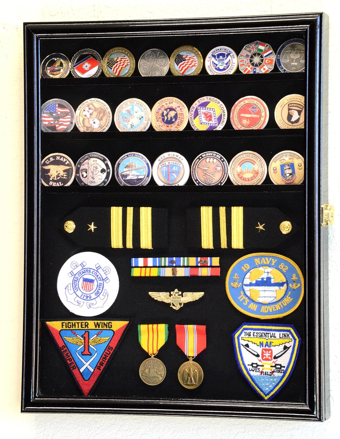 56 Challenge Coin Display Case Cabinet - Fully Adjustable Shelves - Larger Coins - 98% UV Protection (Black Finish)
