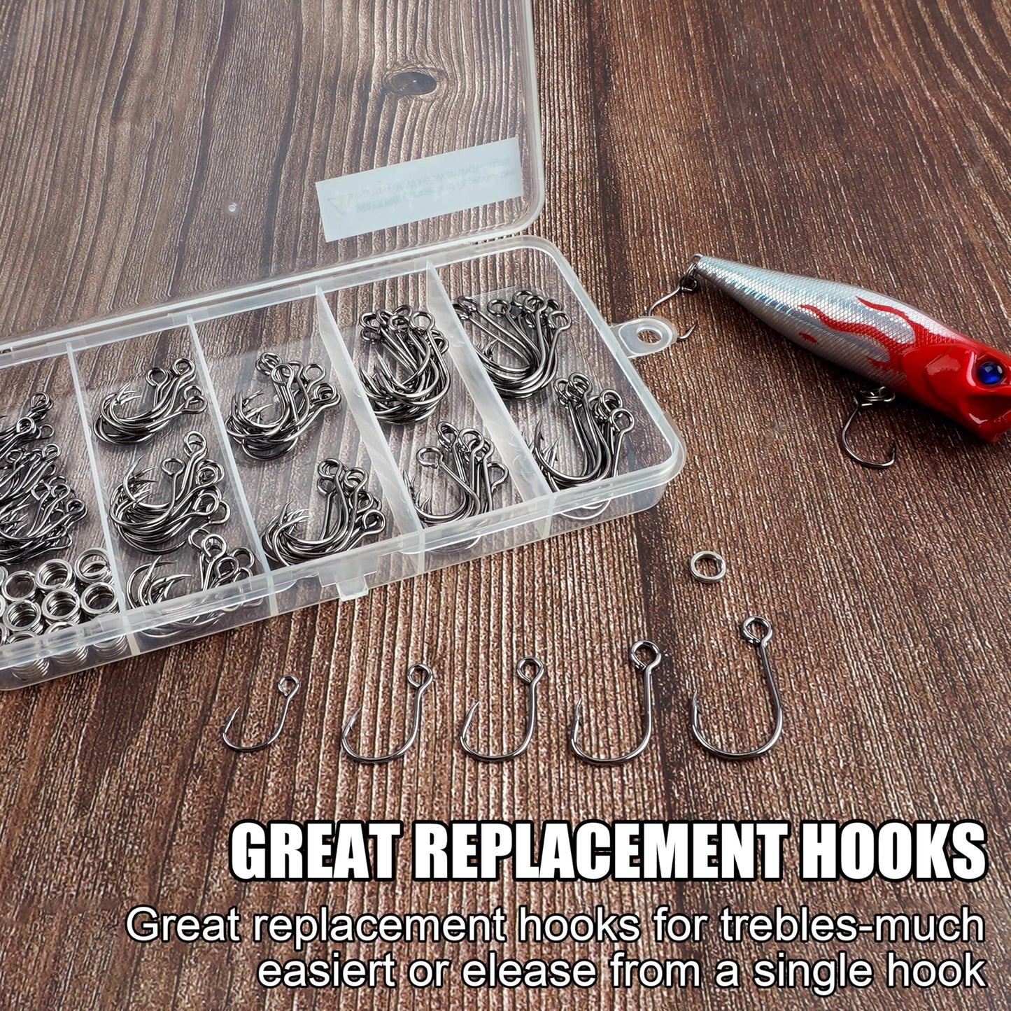 150pcs Inline Single Hooks Kit Fishing Replacement Hooks for Lure Plugs Baits Large Eye Inline Circle Hook with Split Rings Freshwater Saltwater Fishing Tackle