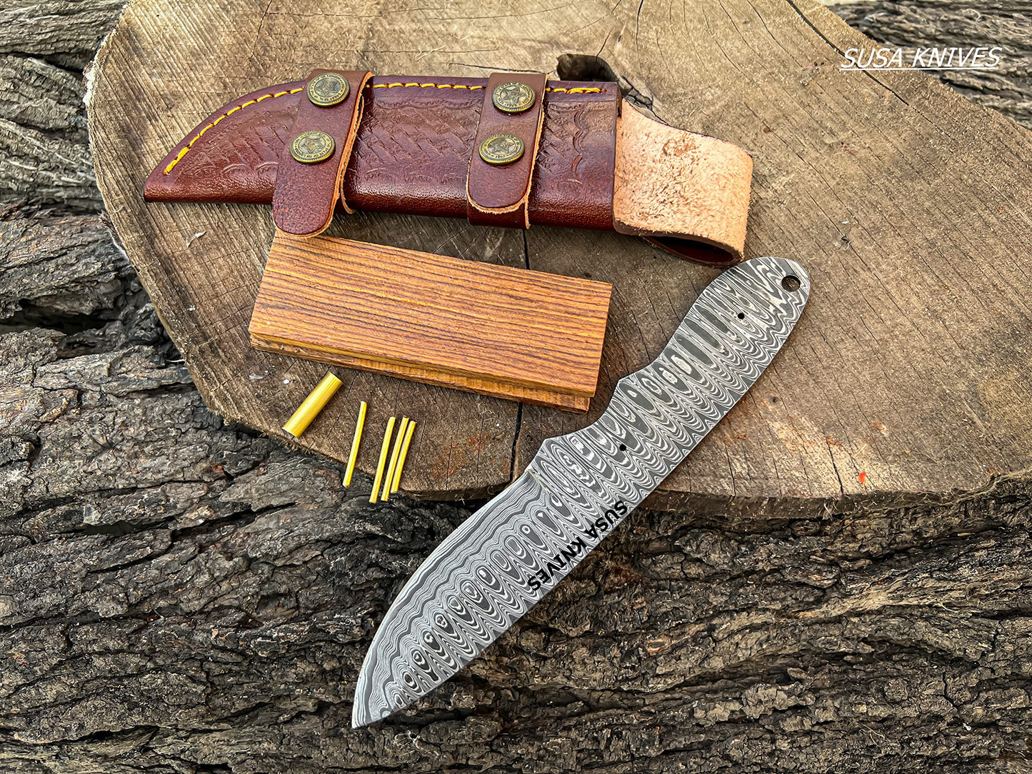 SUSA KNIVES Damascus Steel Blank Blade Hunting Knife Fixed Blade EDC Survival Knife for Men - Fixed Blade Making kit, Pins, with Sheath, Handle Scales for Making (LEADER WOOD)