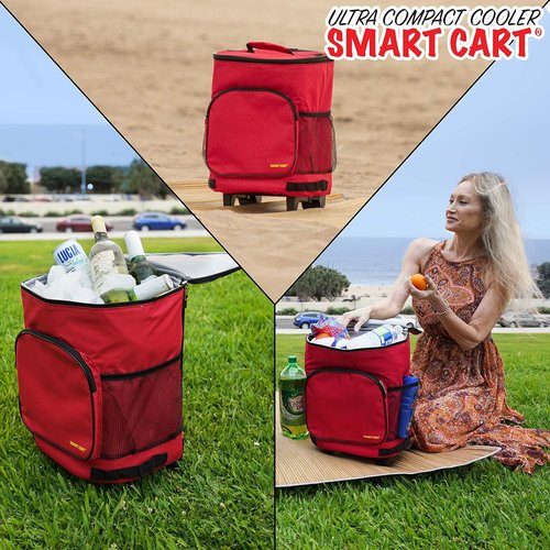 dbest products Ultra Compact Cooler Smart Cart, Red Insulated Collapsible Rolling Tailgate BBQ Beach Summer