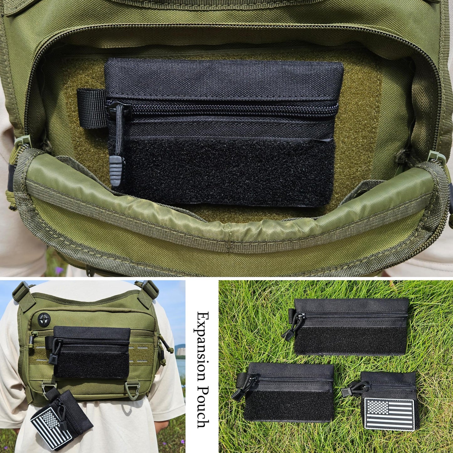 3 Pieces MINI Tactical Tool Zipper Pouch with US Patches & D-Ring Clips - Expansion Pouch,Bag Insert EDC Organizer,Utility Storage Accessories with Hook Fasteners for Vest Backpack Bag Hook and Loop
