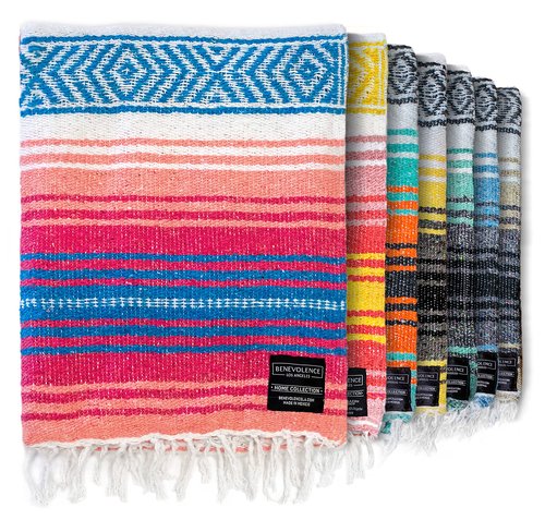 Benevolence LA Authentic Handwoven Mexican Yoga Blanket - Perfect for Picnic, Camping and More, Equestrian Saddle Serape Blanket 50x70 inches - Pack of 2
