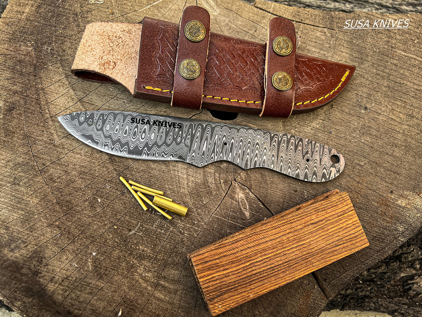 SUSA KNIVES Damascus Steel Blank Blade Hunting Knife Fixed Blade EDC Survival Knife for Men - Fixed Blade Making kit, Pins, with Sheath, Handle Scales for Making (LEADER WOOD)