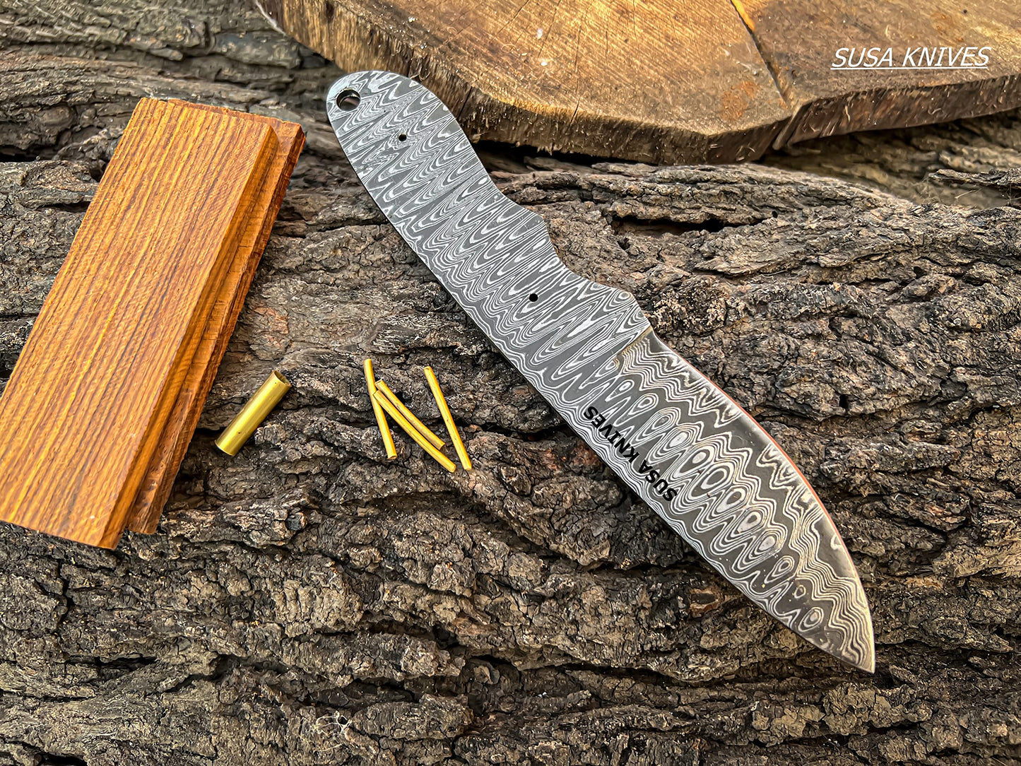 SUSA KNIVES Damascus Steel Blank Blade Hunting Knife Fixed Blade EDC Survival Knife for Men - Fixed Blade Making kit, Pins, with Sheath, Handle Scales for Making (LEADER WOOD)