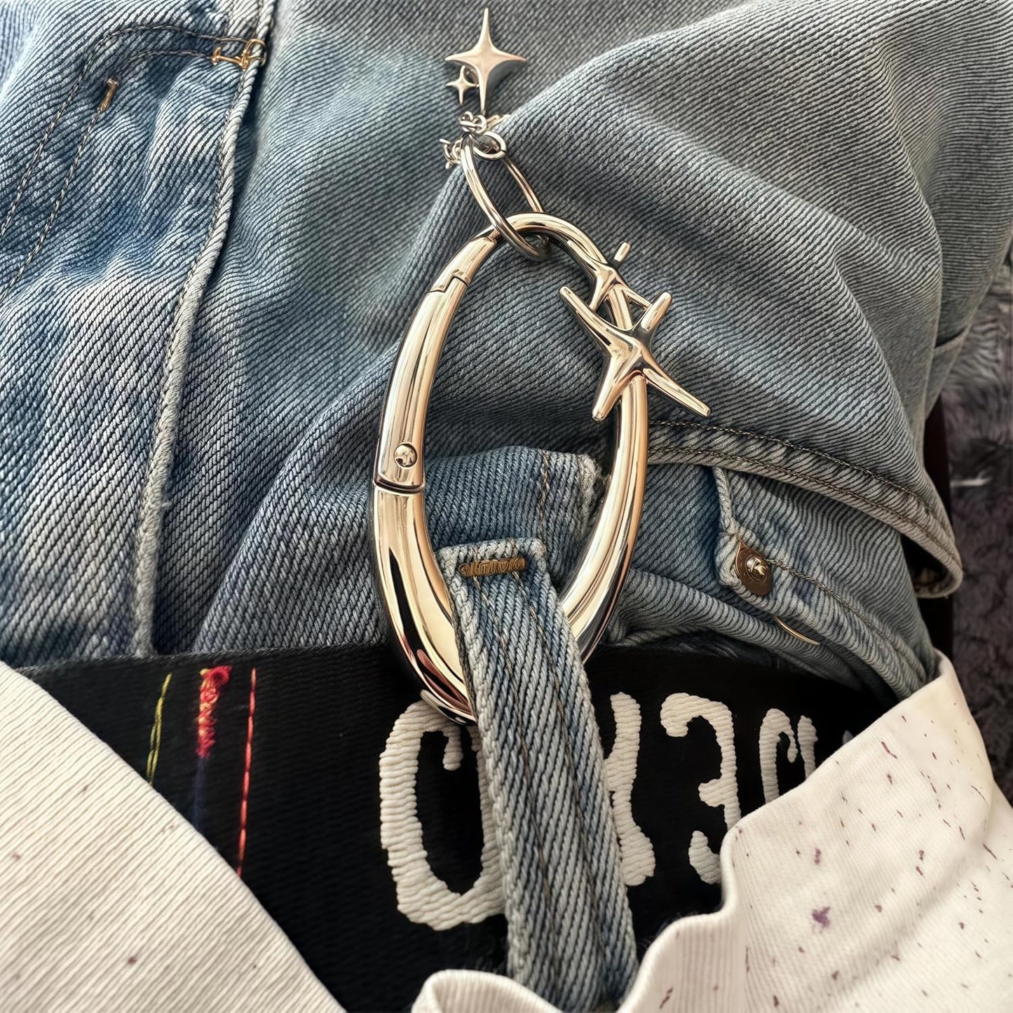 Starlight Y2K Metal Heavy Shiny Carabiner Belt Loop Accessory Belt,Star Silver Carabiner Keychain,Matte Chrome Karibiner, Gift her