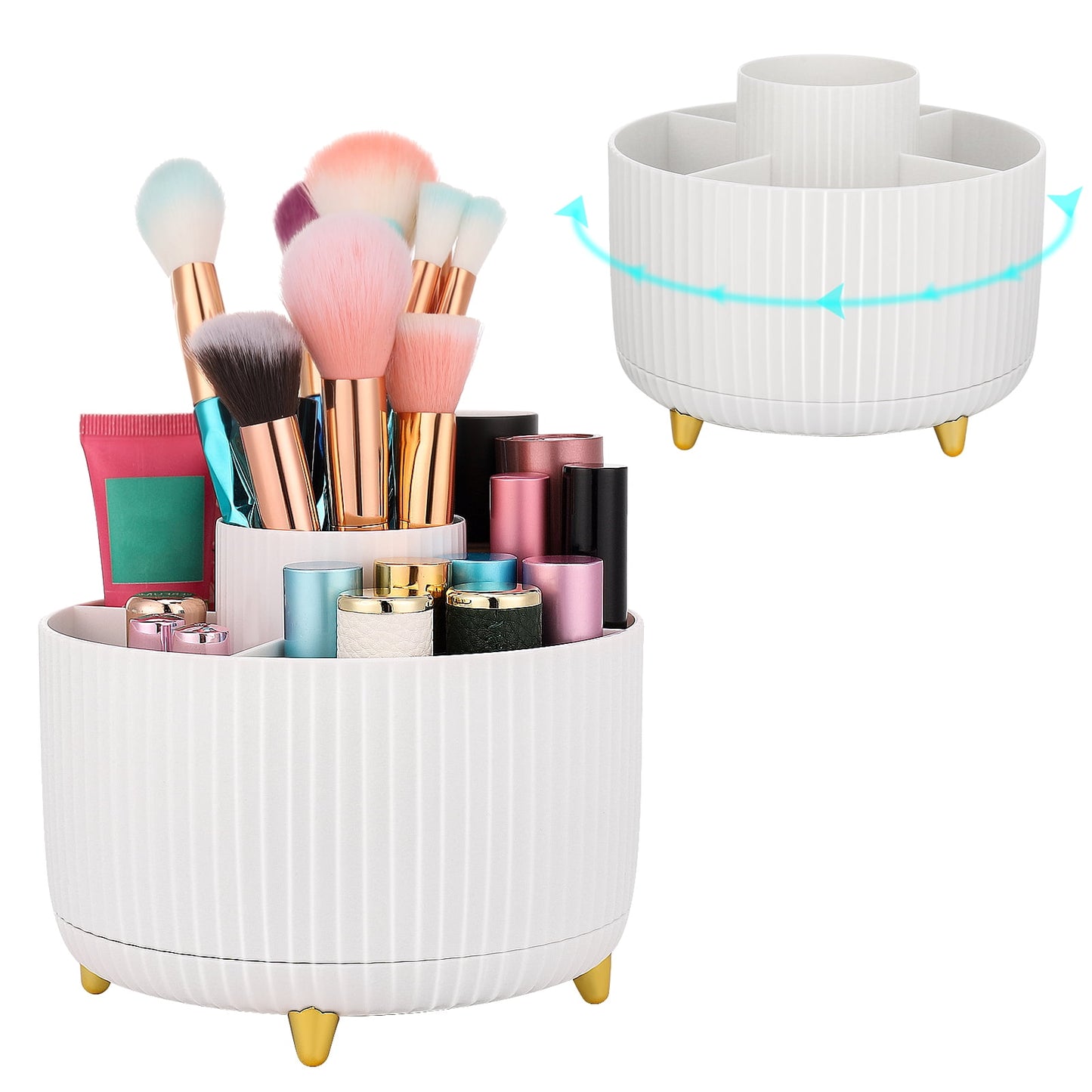 360° Rotating Makeup Brush Holder | White Cosmetic Organizer for Desk & Bathroom