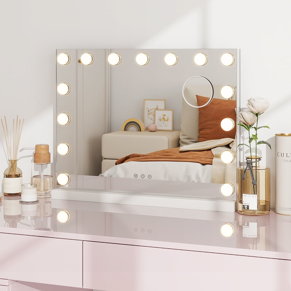 Hollywood Vanity Mirror | 15 Bulbs LED Lighted | Wall-Mounted & Tabletop | White Metal Frame