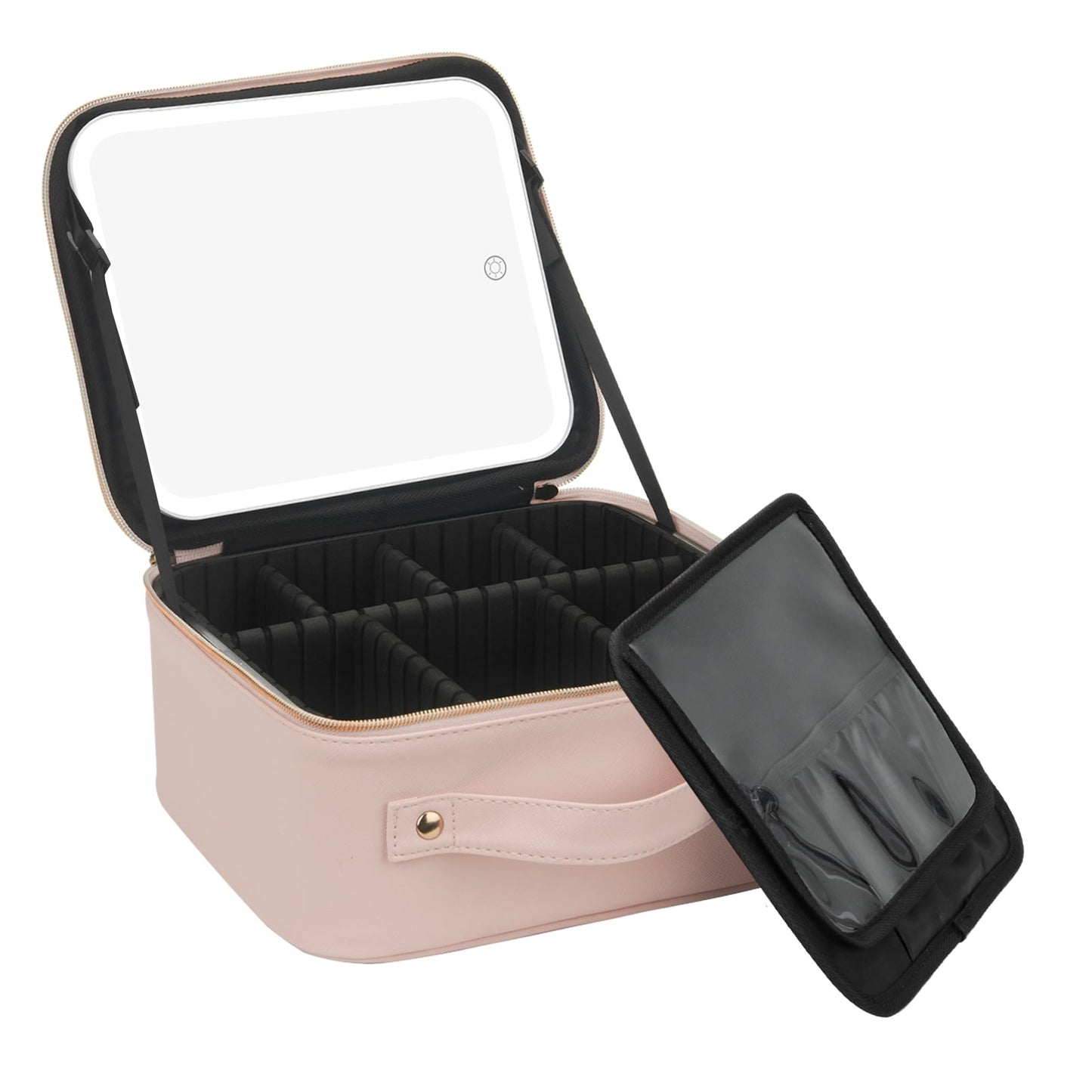LED Mirror Cosmetic Organizer – Pink/Bronze | Adjustable Dividers, 8.75” x 4.75”