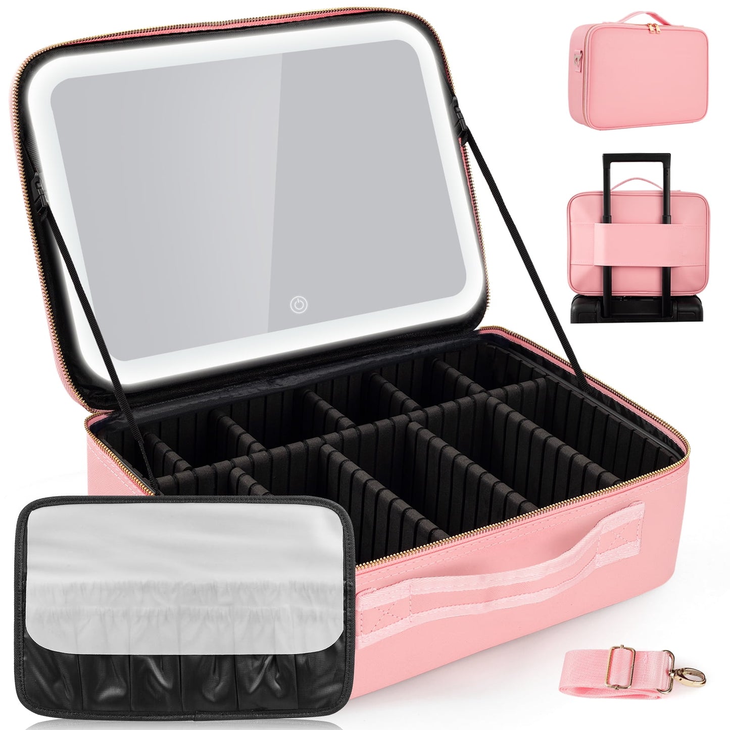 LED Makeup Bag with Mirror | 14.6" X 10.3" Travel Cosmetic Organizer – Adjustable Brightness