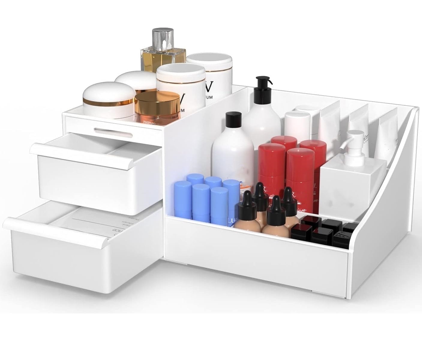Makeup Organizer | White Cosmetic Box with 2 Drawers & 7 Compartments