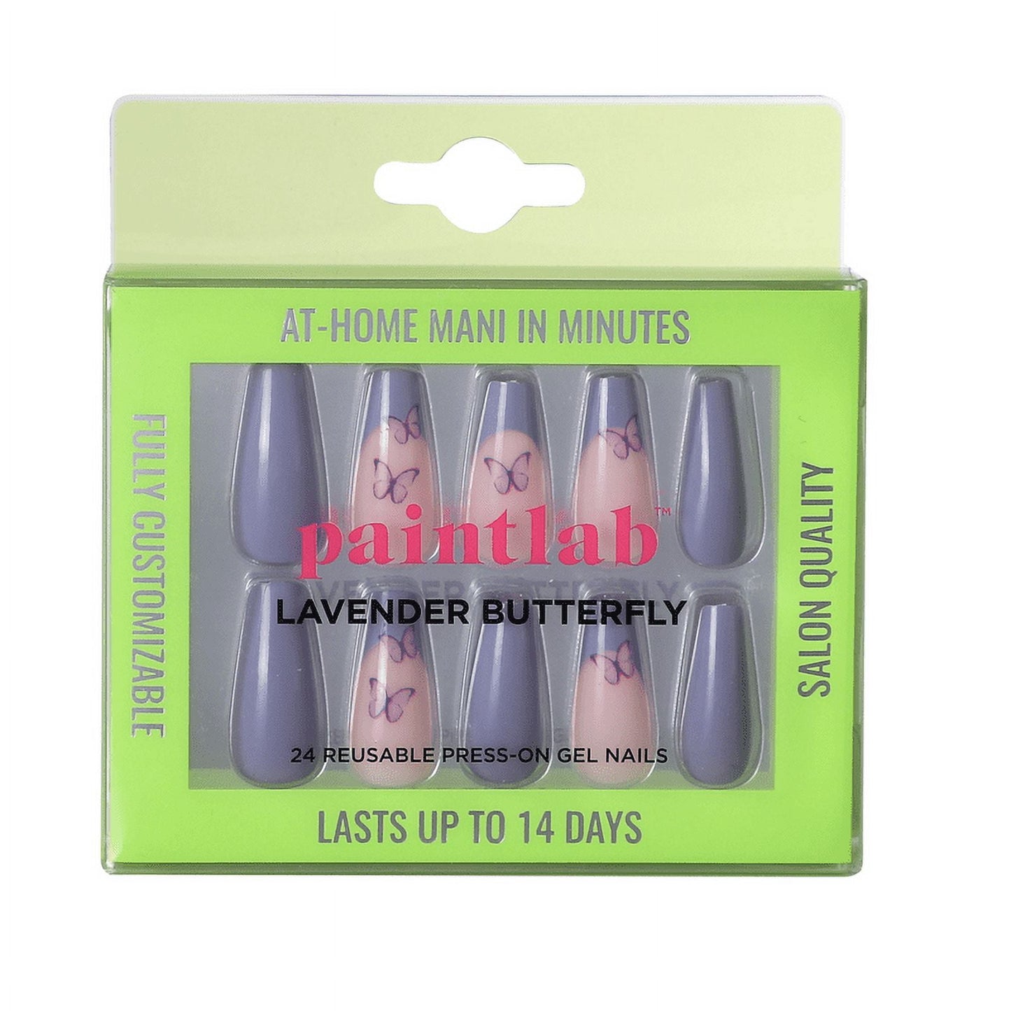 PaintLab 30-Count Reusable Gel Press-On Nails | Purple Lavender Butterfly Coffin Shape