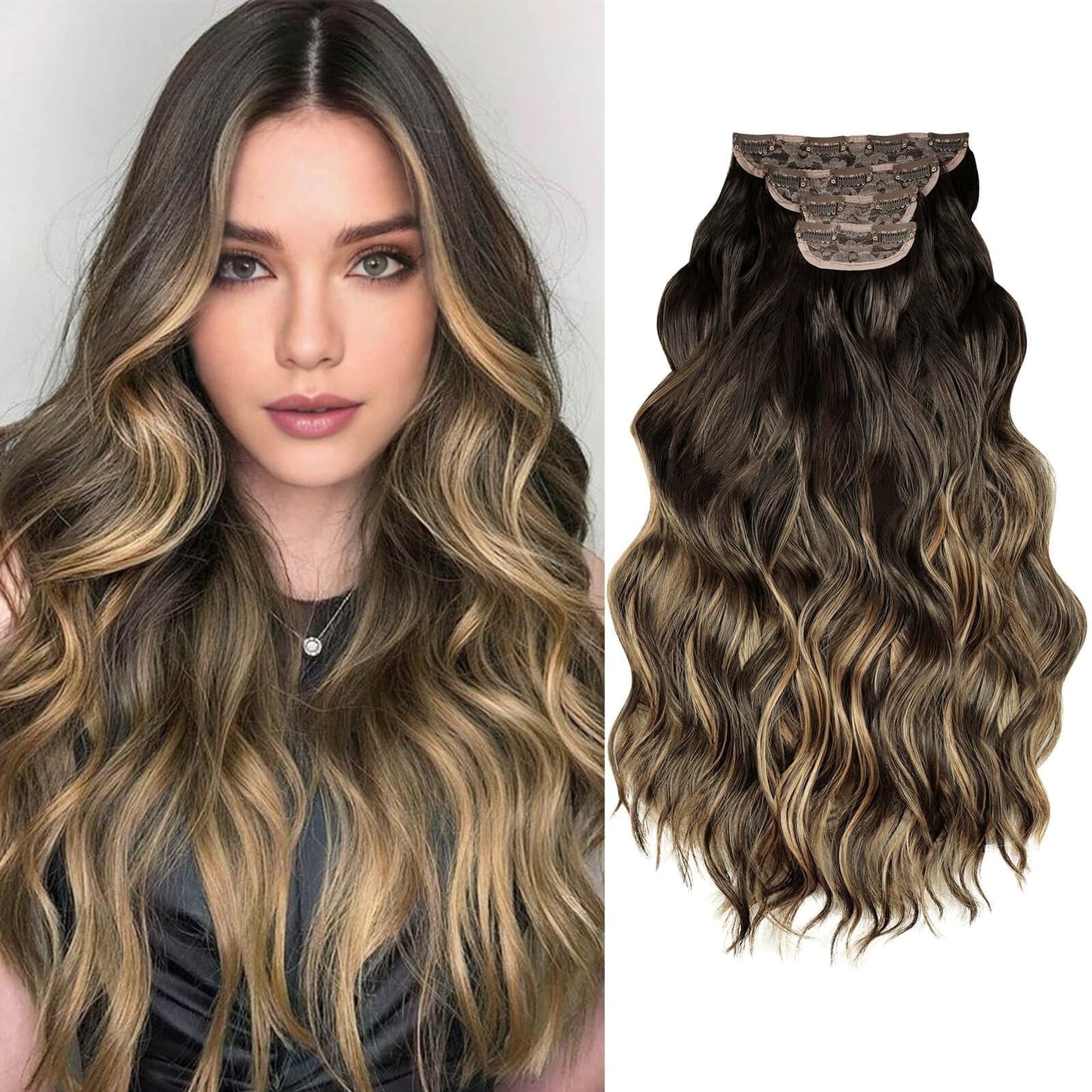Long Wavy Curly Clip-In Hair Extensions | Golden Brown | 23In | Thick Synthetic Hair for Women