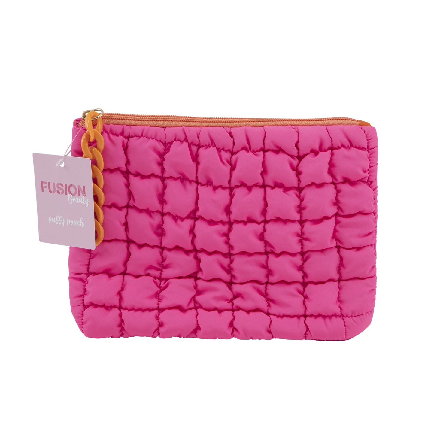 Quilted Bright Pink Puffy Zip Cosmetic Pouch | 9” Wide with Orange Zipper