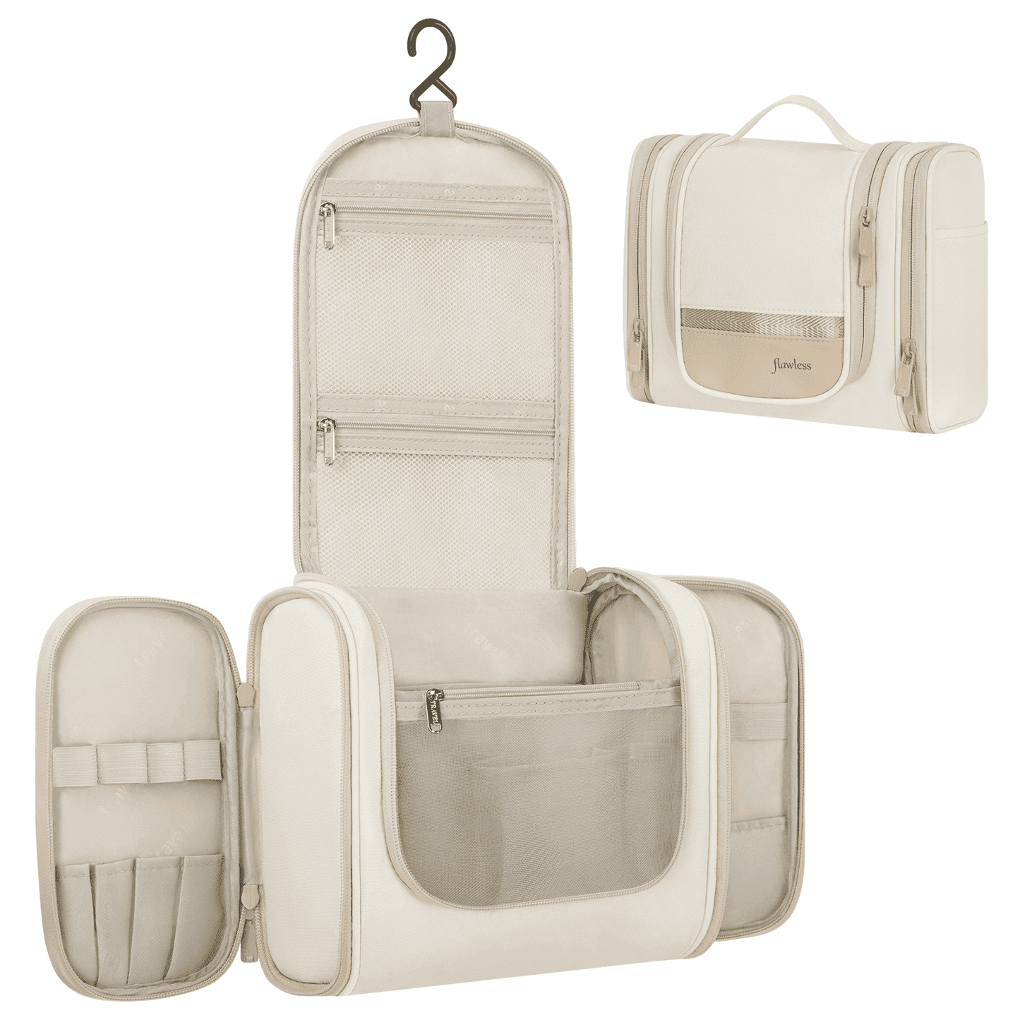 Portable Beige Travel Toiletry Bag | Large Capacity Makeup Case with Hook