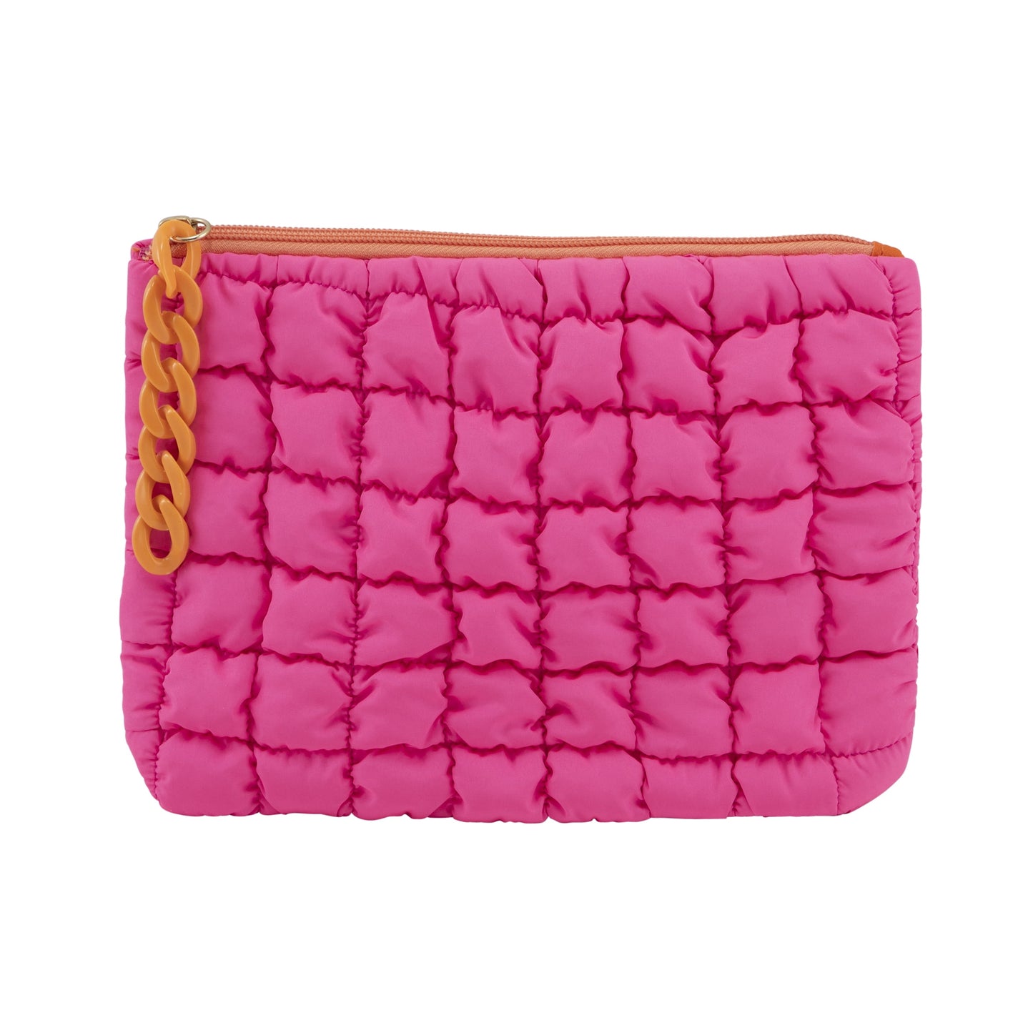 Quilted Bright Pink Puffy Zip Cosmetic Pouch | 9” Wide with Orange Zipper