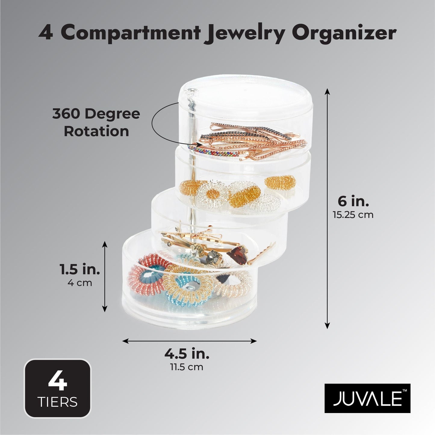 4-Tier Stackable Hair Accessories Organizer | Clear 360° Holder for Ties, Bows & Clips