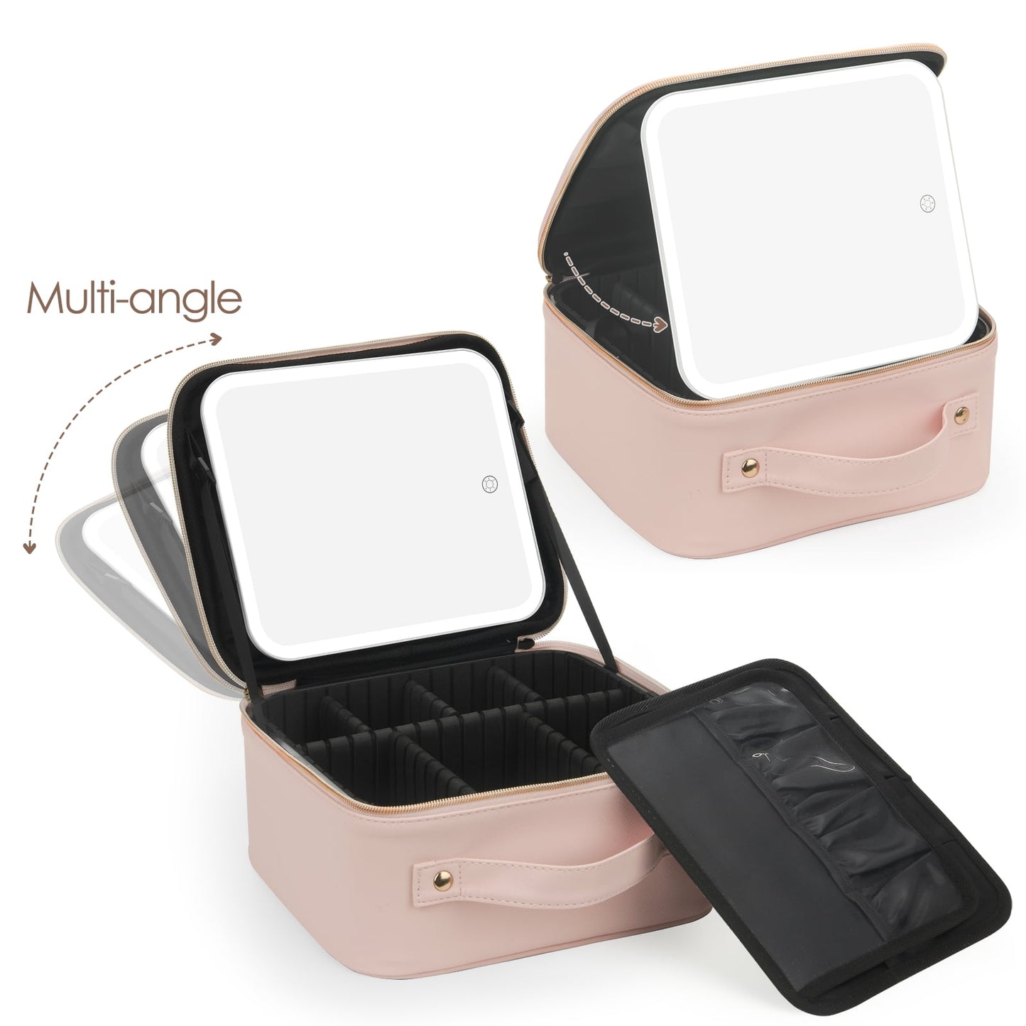 LED Mirror Cosmetic Organizer – Pink/Bronze | Adjustable Dividers, 8.75” x 4.75”