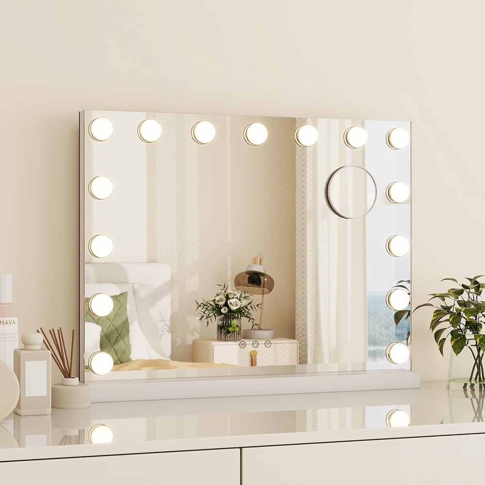 Hollywood Vanity Mirror | 15 Bulbs LED Lighted | Wall-Mounted & Tabletop | White Metal Frame