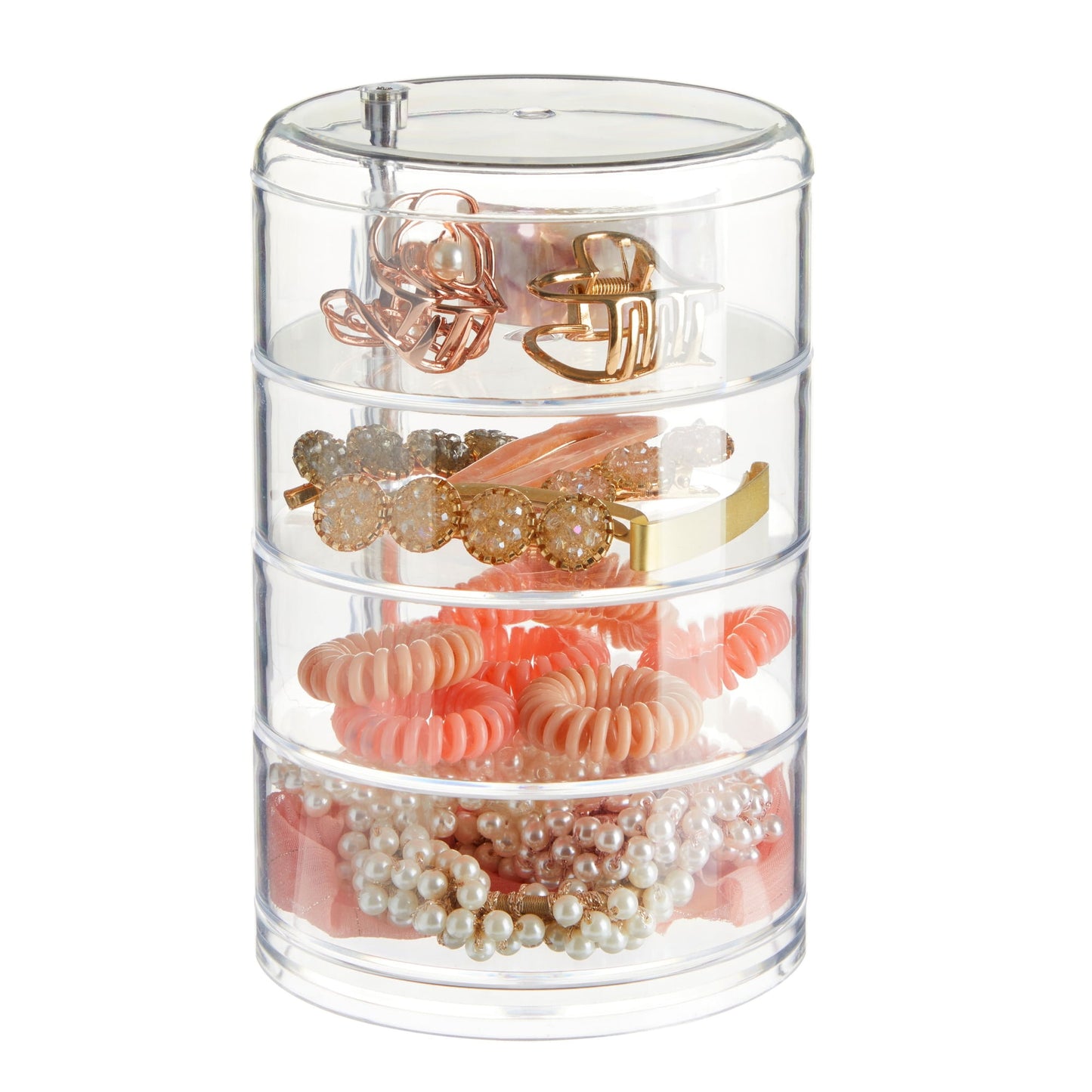 4-Tier Stackable Hair Accessories Organizer | Clear 360° Holder for Ties, Bows & Clips