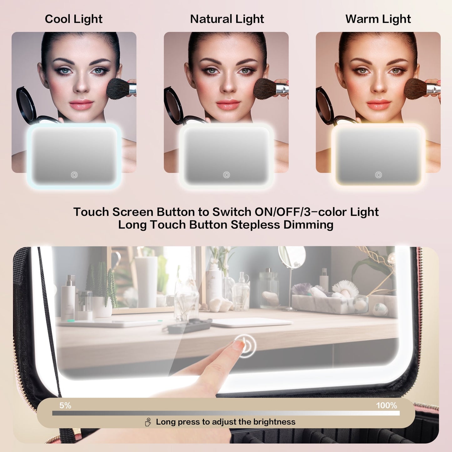 LED Makeup Bag with Mirror | 14.6" X 10.3" Travel Cosmetic Organizer – Adjustable Brightness