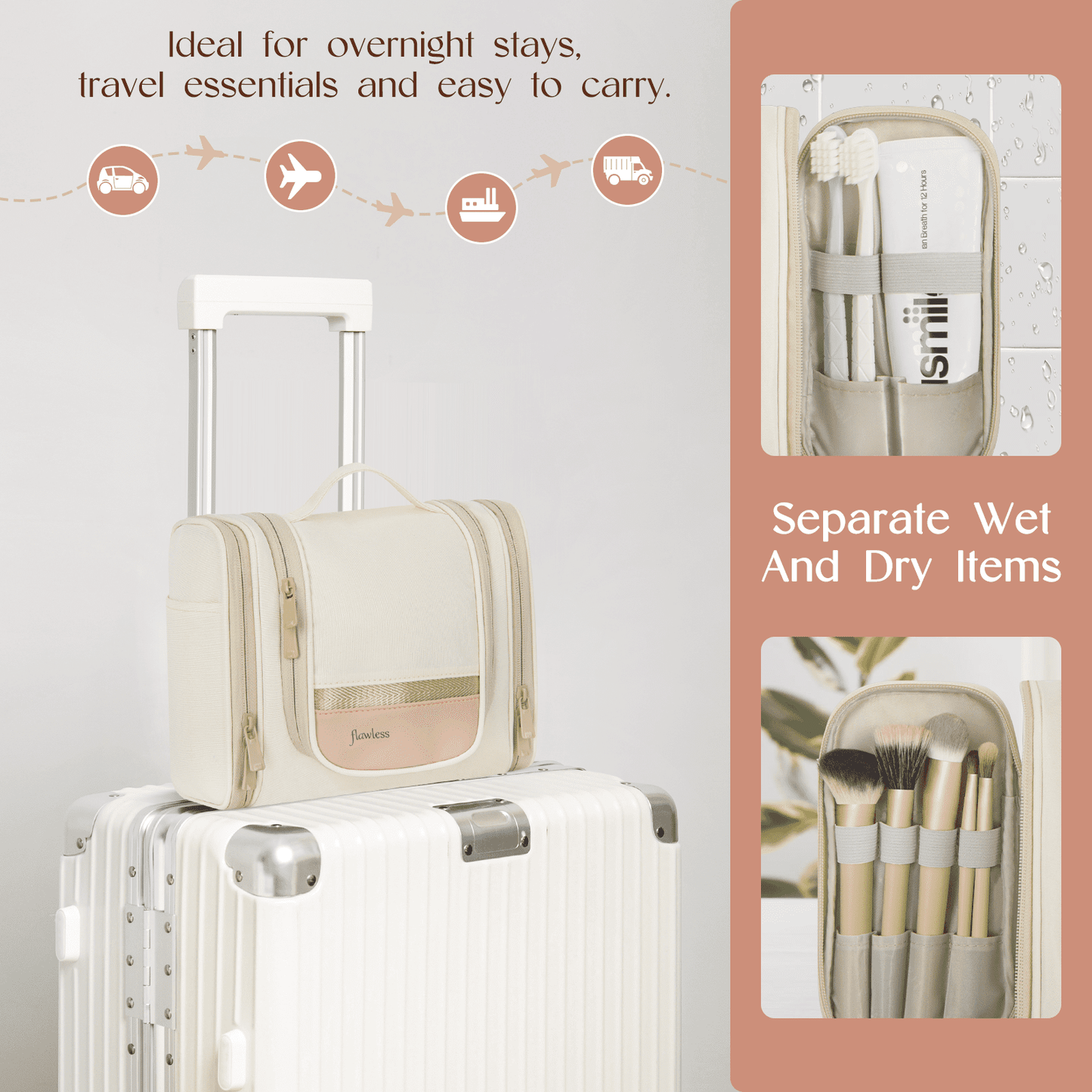 Portable Beige Travel Toiletry Bag | Large Capacity Makeup Case with Hook