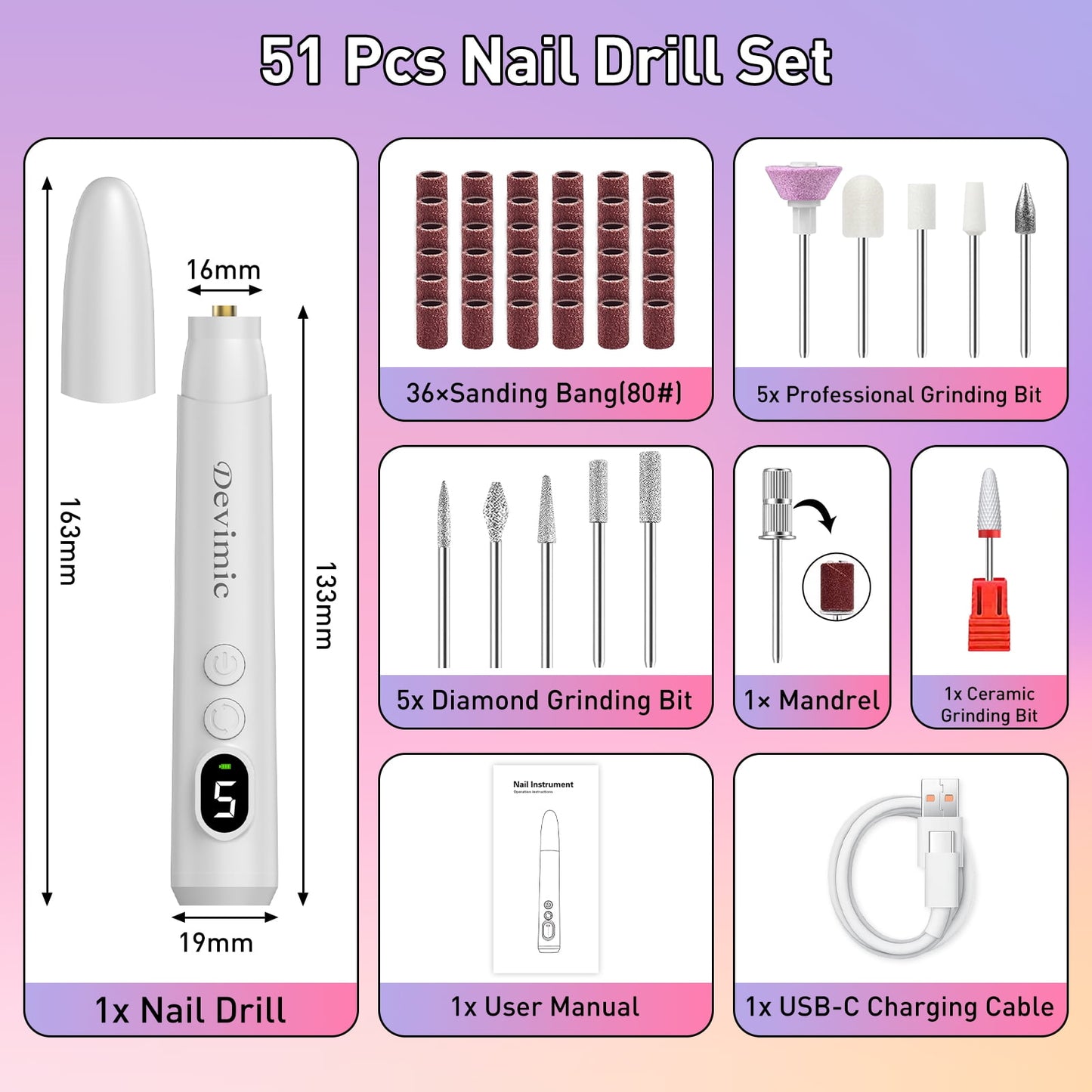 Devimic Cordless Electric Nail Drill Kit | Professional Manicure Tool for Acrylic & Gel